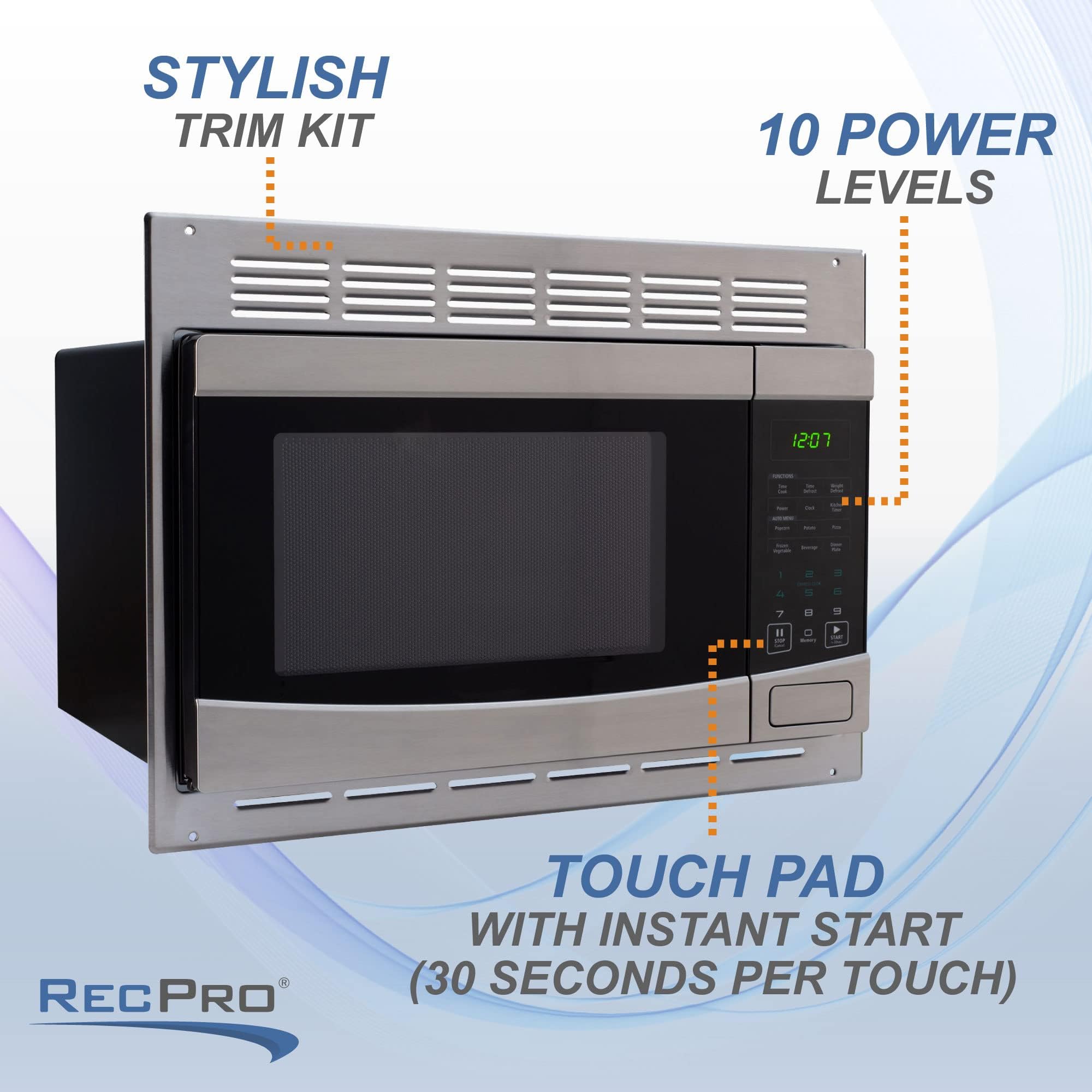 RecPro RV Stainless Steel Microwave with Trim Kit | 1.0 Cu. Ft. | 900W | Direct replacement for Greystone and High Pointe