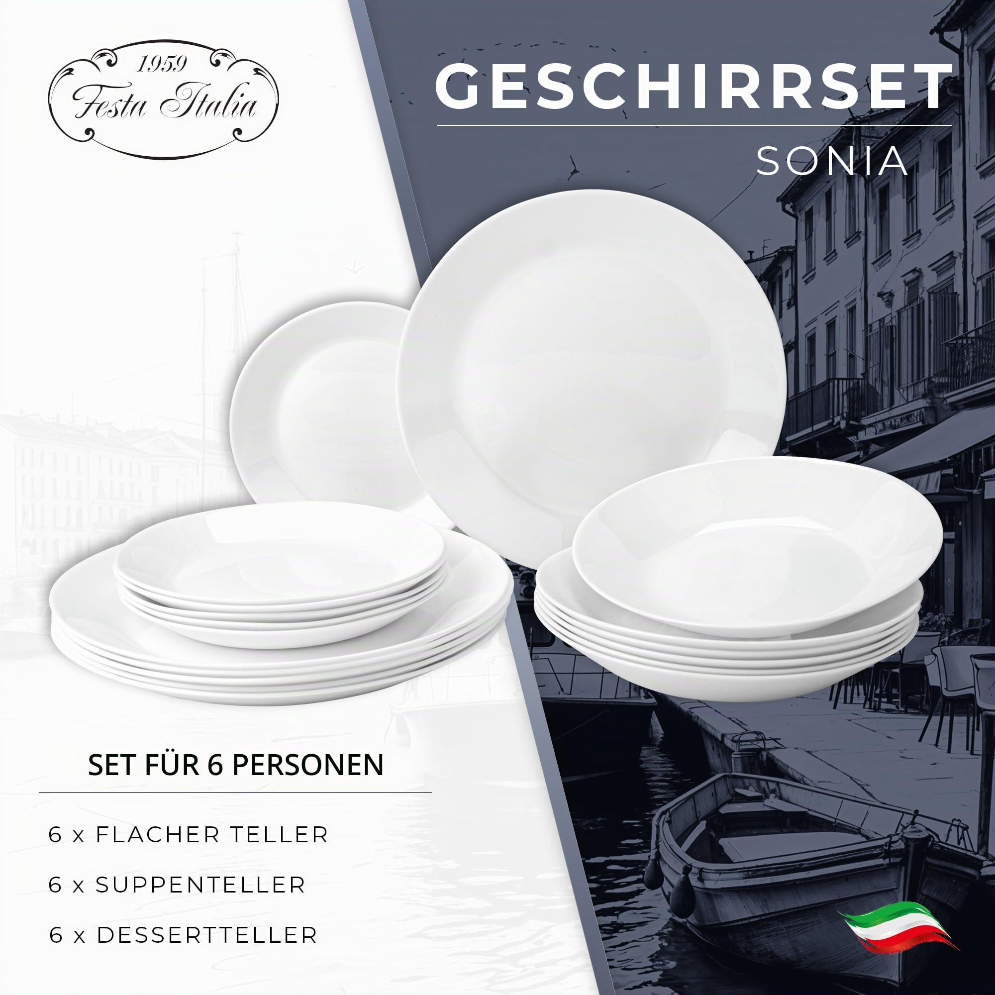 Geschirrset 6 Personen - 18 Teilig - Tellerset aus Opalglas - Weiß Essgeschirr Set - Schüssel- und Tellerset - Modern Tafelservice - Teller - Essservice - Geschirr Set 6 Person