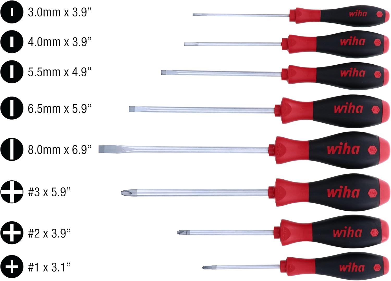 Wiha 30298 8-Piece Slotted and Phillips Screwdriver Set with Soft Finish Handles