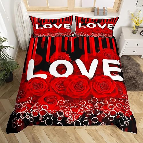 Erosebridal Juego de funda de edredón con diseño de flores de rosas, tamaño King, juego de ropa de cama romántica para boda, diseño de corazones