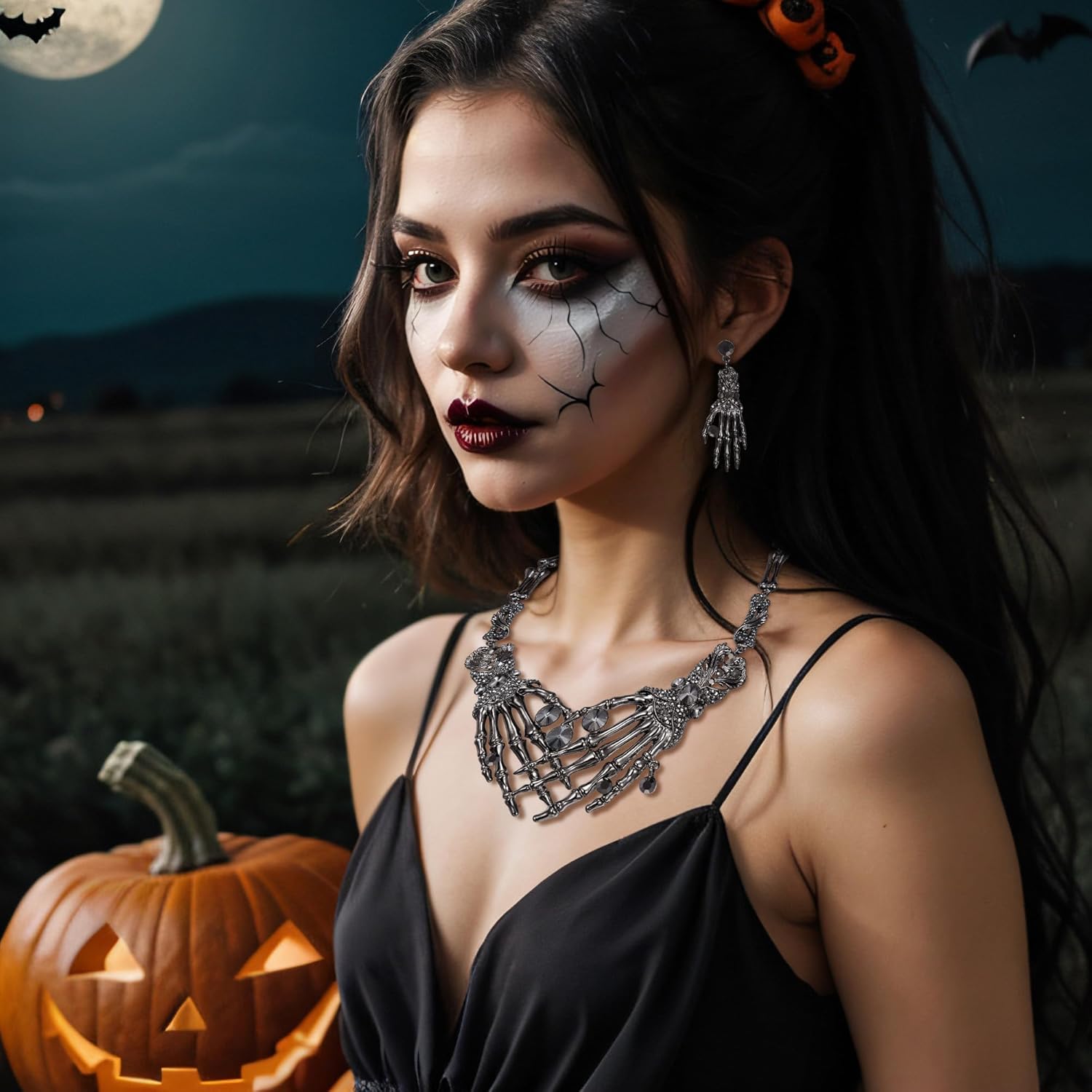 EVER FAITH Austrian Crystal Halloween Skeleton Hand Skull Necklace Earrings Set - Image 3