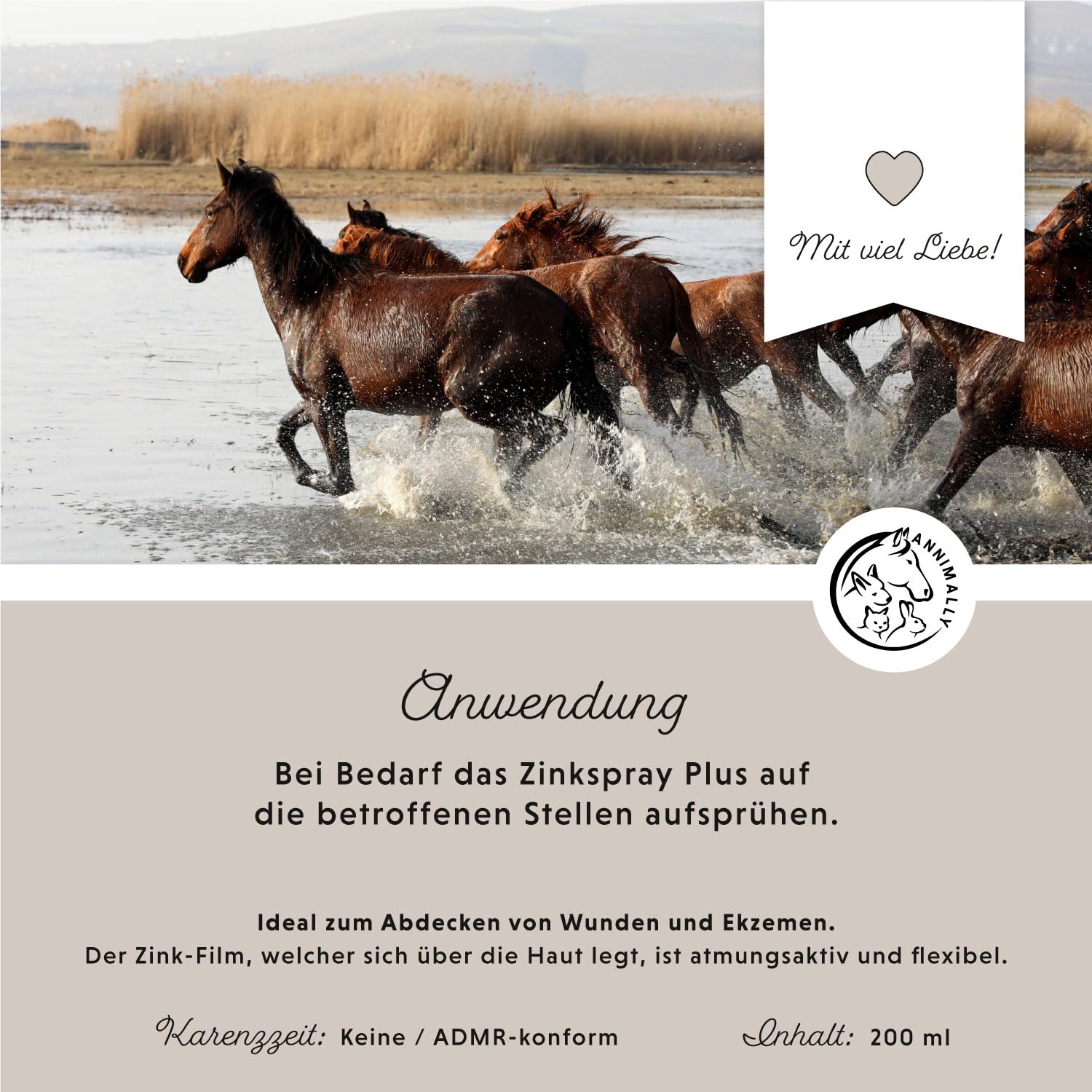 Annimally Zinkspray für Pferde 200ml - Atmungsaktive Wundabdeckung mit Zinkoxid, Lanolin & Allantoin um Abdecken von Wunden - Schutz vor Keimen & Pflege bei Ekzemen