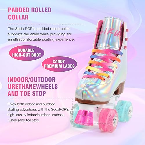Miniatura 9 de LIKU Patines cuádruples para niñas y mujeres con luz de todas las ruedas, para interiores y exteriores, con cordones, divertido patinaje iluminador