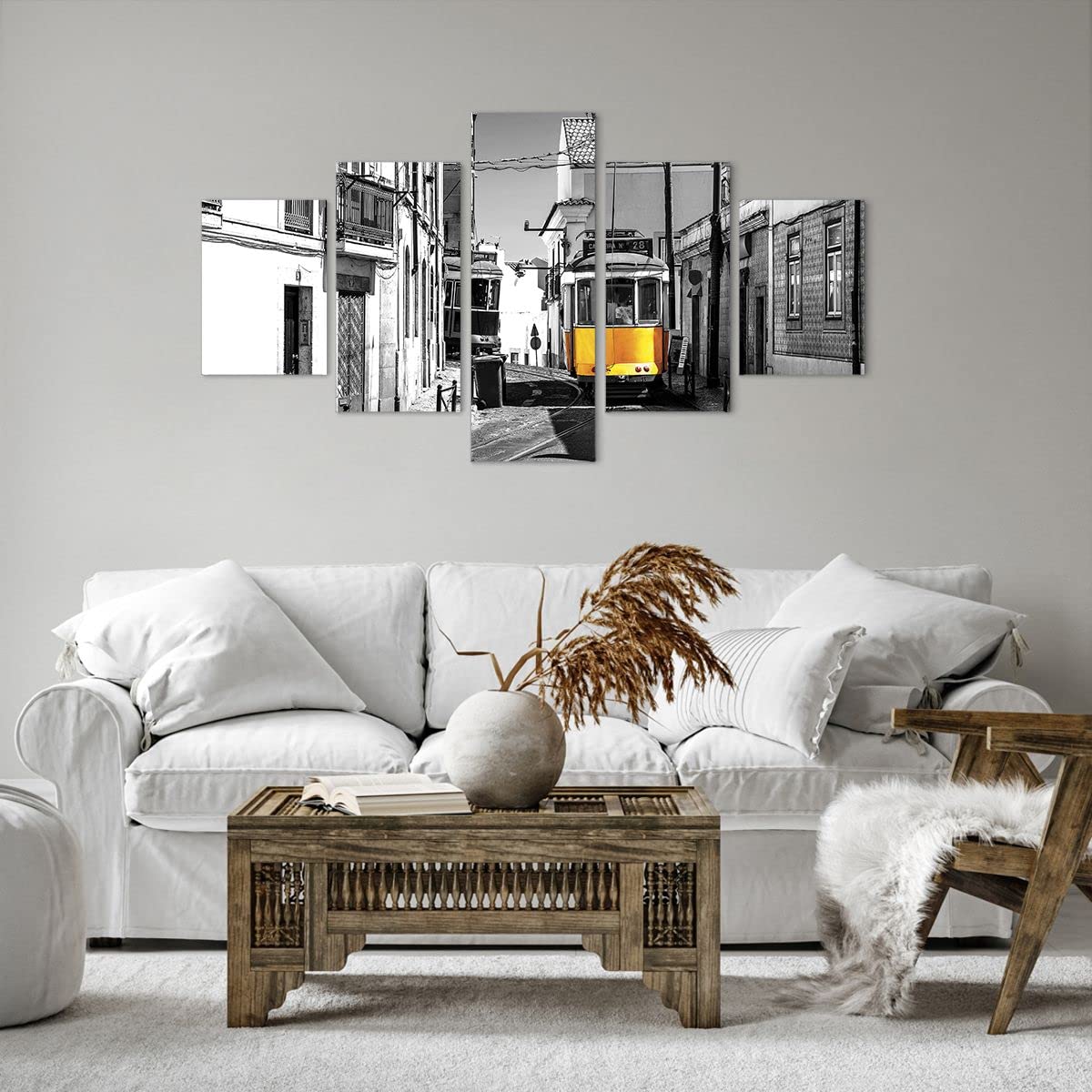 Moderne Impression sur Toile Tram Portugal Lisbonne Image Tableau Decoration Murale 125x70cm Deco Cadre Décoration Salon Chambre Triptyque 5 parties Tableaux Decoratifs Muraux Art Wall EA125x70-4977