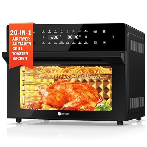 LLIVEKIT 30L Heißluftfritteuse XXL, Minibackofen Umluft mit 20 Programme und 9 Zubehör, Mini Backofen mit LED-Touchscreen, Airfryer Oven ohne Öl mit Sichtfenster, Zwei Kochmodi, Rezeptbuch, 80°C-230°C