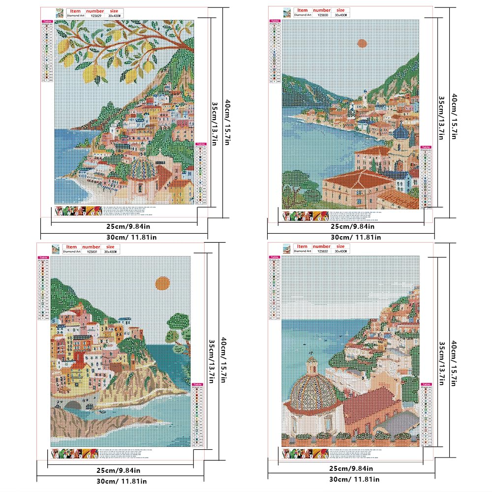 DCIDBEI 4 Set Diamond Painting Paesaggio Astratto – 30x40 Cm – Kit Fai Da Te 5D Con Tela E Diamanti Rotondi – Città Balneare Mediterranea – Decorazione Soggiorno E Cucina