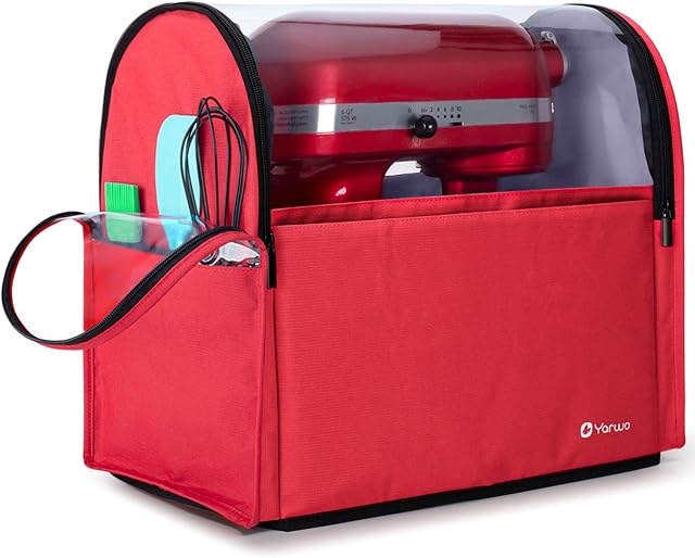Yarwo Visible Protective Dust Cover for 4.3 and All 4.8 Litre Mixer, Stand Mixer Cover with 3 Zipped Pockets for Extra Kitchen Accessories, Red