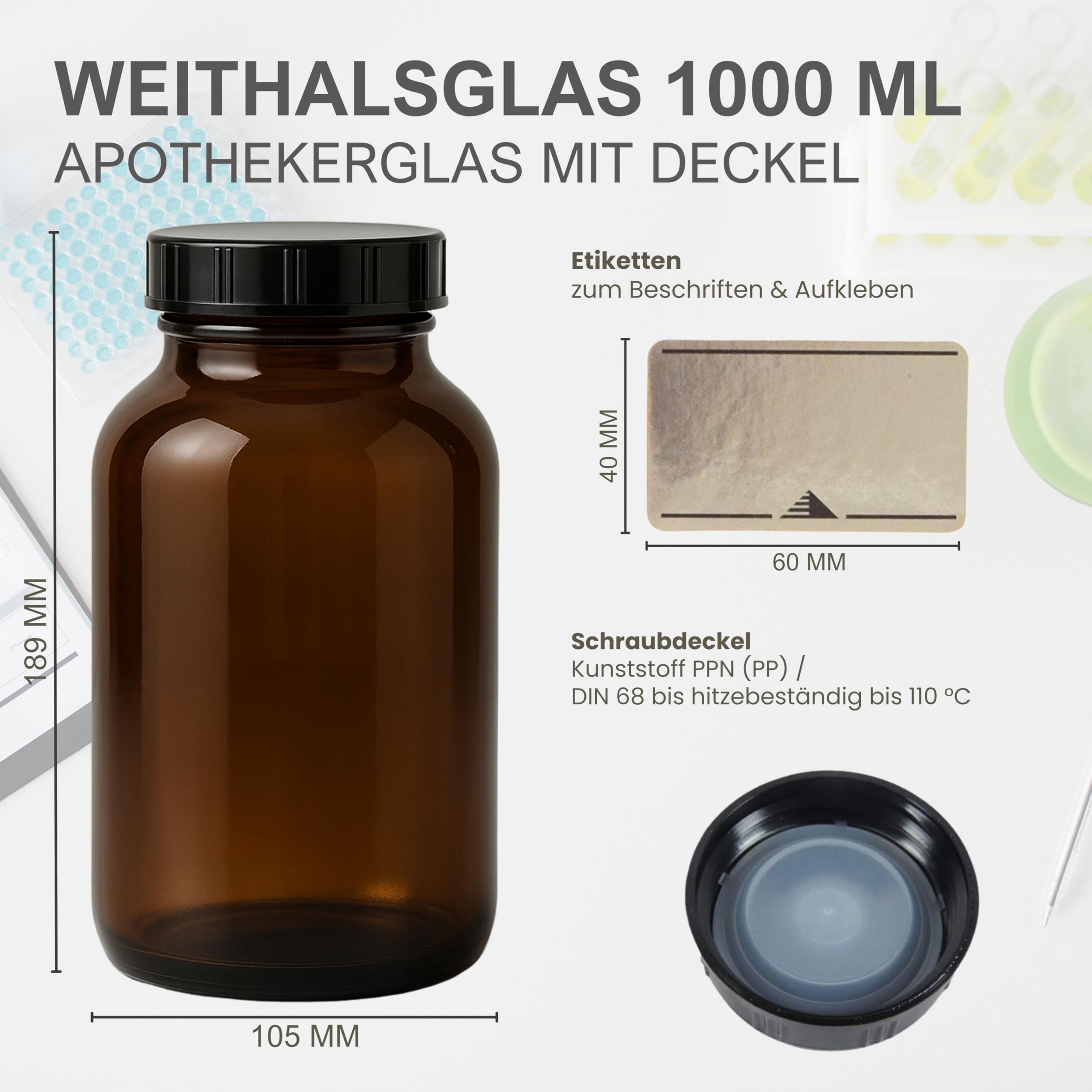 Mikken Brązowy słoik apteczny, 1 x 1000 ml, z zakrętką, Made in Germany