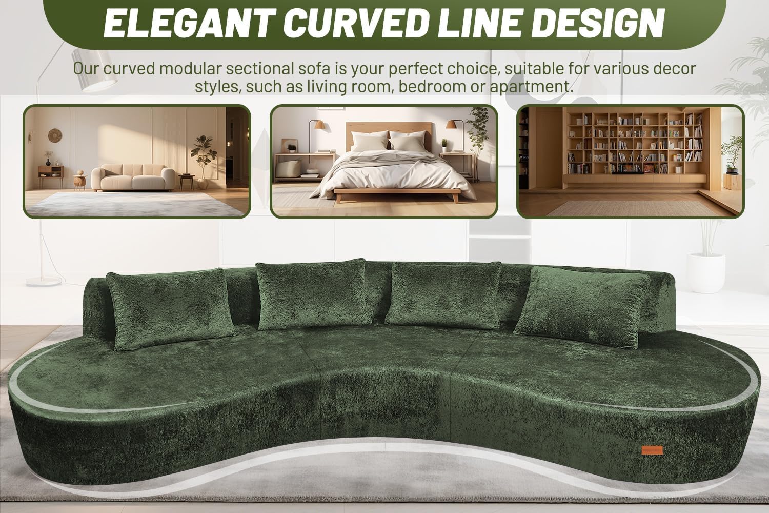 HABUTWAY 130'' Modular Sectional Sofa with Memory Foam Filled, Modern Curved Sofa Deep Seat Cloud Couch with 4 Pillows, No Assembly Required, Oversized Couches for Living Room Apartment Office, Green