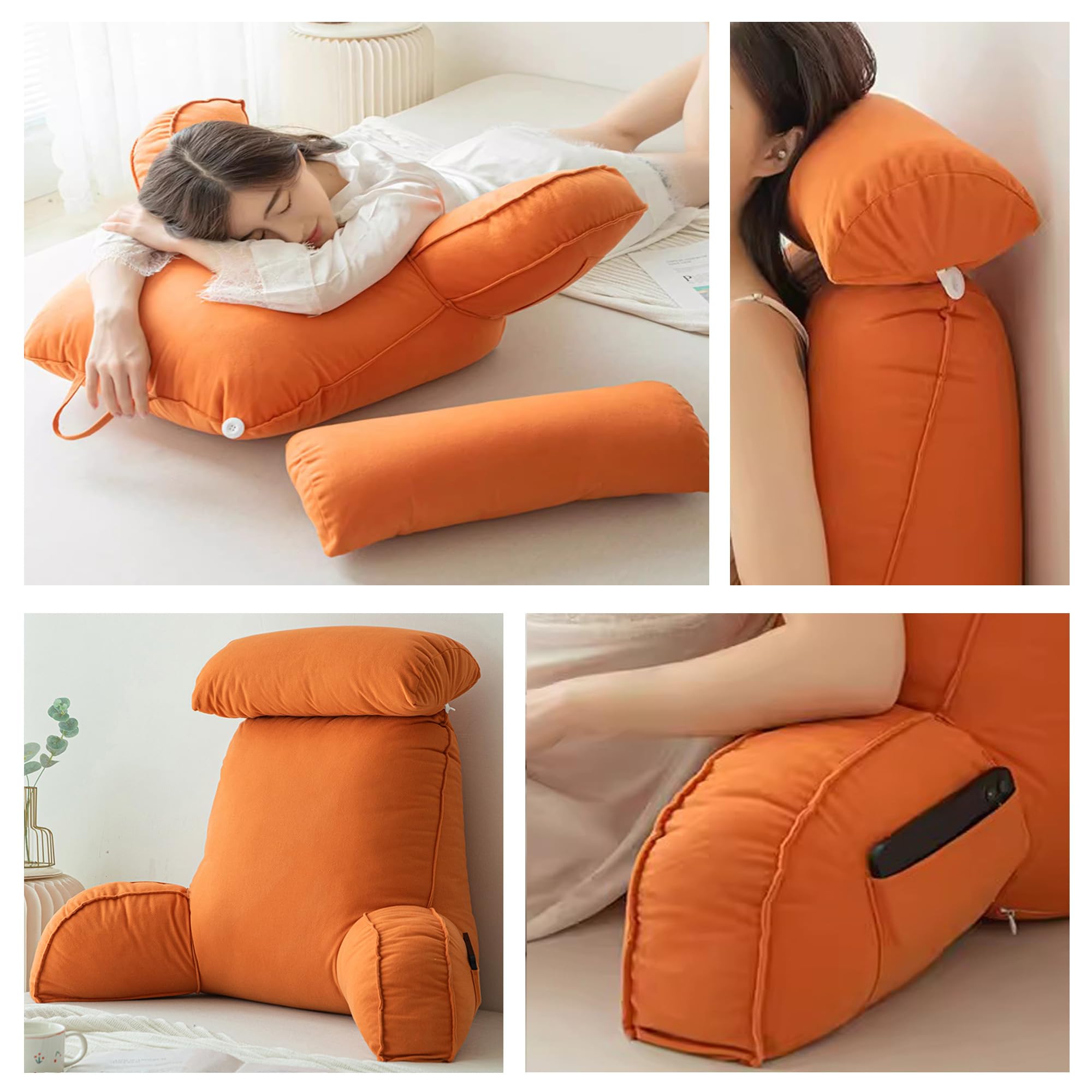 Cuscino da lettura per divano e letto, cuscino di supporto per braccioli lombari, 75 x 40 x 55 cm, arancione, perfetto per leggere e rilassarsi a casa