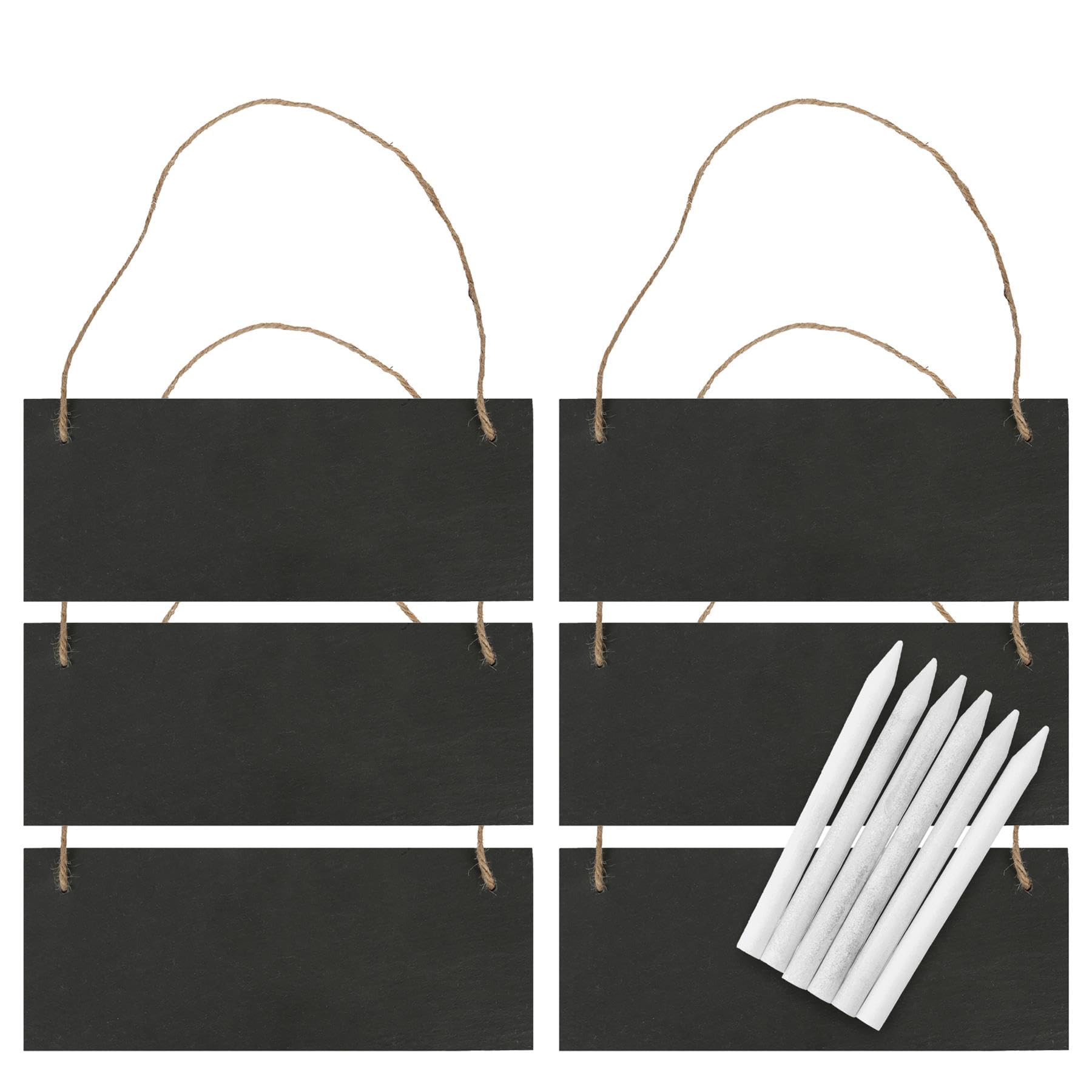 Nicola Spring Rectangle Slate Memo Boards with Rope & Chalk Pencils - 25cm x 10cm - Black - 6X Small Wipe Clean Hanging Home Kitchen Office Family Wall Planner Notice Message Chalk Chalkboard