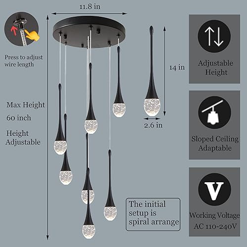Miniatura 2 de Moderno candelabro de cristal de 7 luces, color negro, H60 pulgadas, techo alto, espiral, regulable, LED, burbuja, gota de lluvia, lámpara para