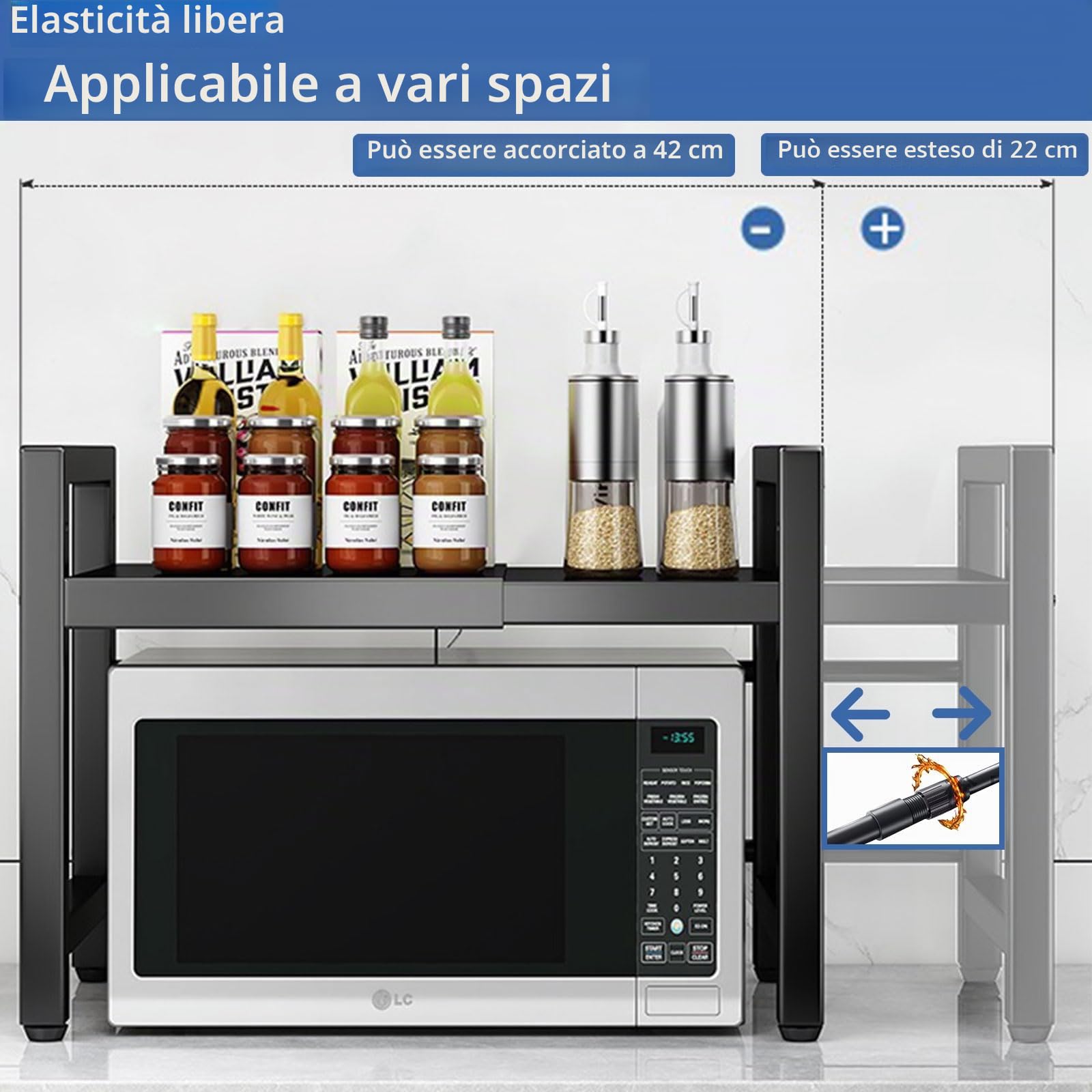 devesanter Scaffale a microonde allungabile a 2 ripiani con 6 ganci, supporto per microonde, ripiano portaoggetti per piano di lavoro, allungabile da 40 a 64 cm, nero