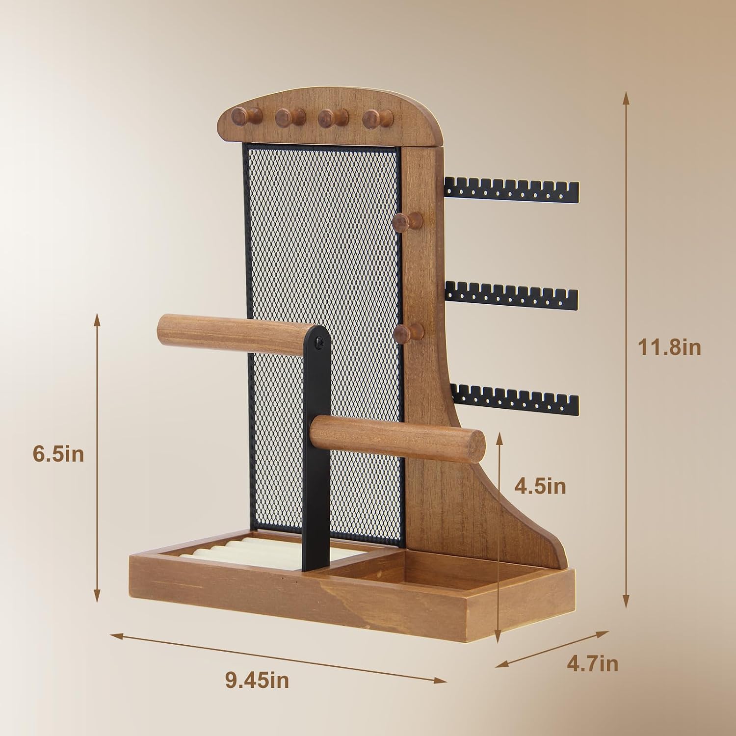 KOOAAICCHI Jewelry Organizer Stand Wooden Multi-Tier Jewelry Display Rack,Anti-tangle Necklace Holder,Jewelry Stand with Velvet Tray for Rings,Earrings and Bracelets (Brown)