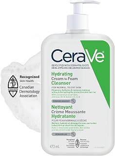 CeraVe Hydrating CREAM-TO-FOAM Cleanser. Face & Eye Makeup Remover with Hyaluronic Acid & Ceramides. Normal to dry skin. Gentle face wash for men & women, removes dirt, excess oil. Fragrance Free, 473ML