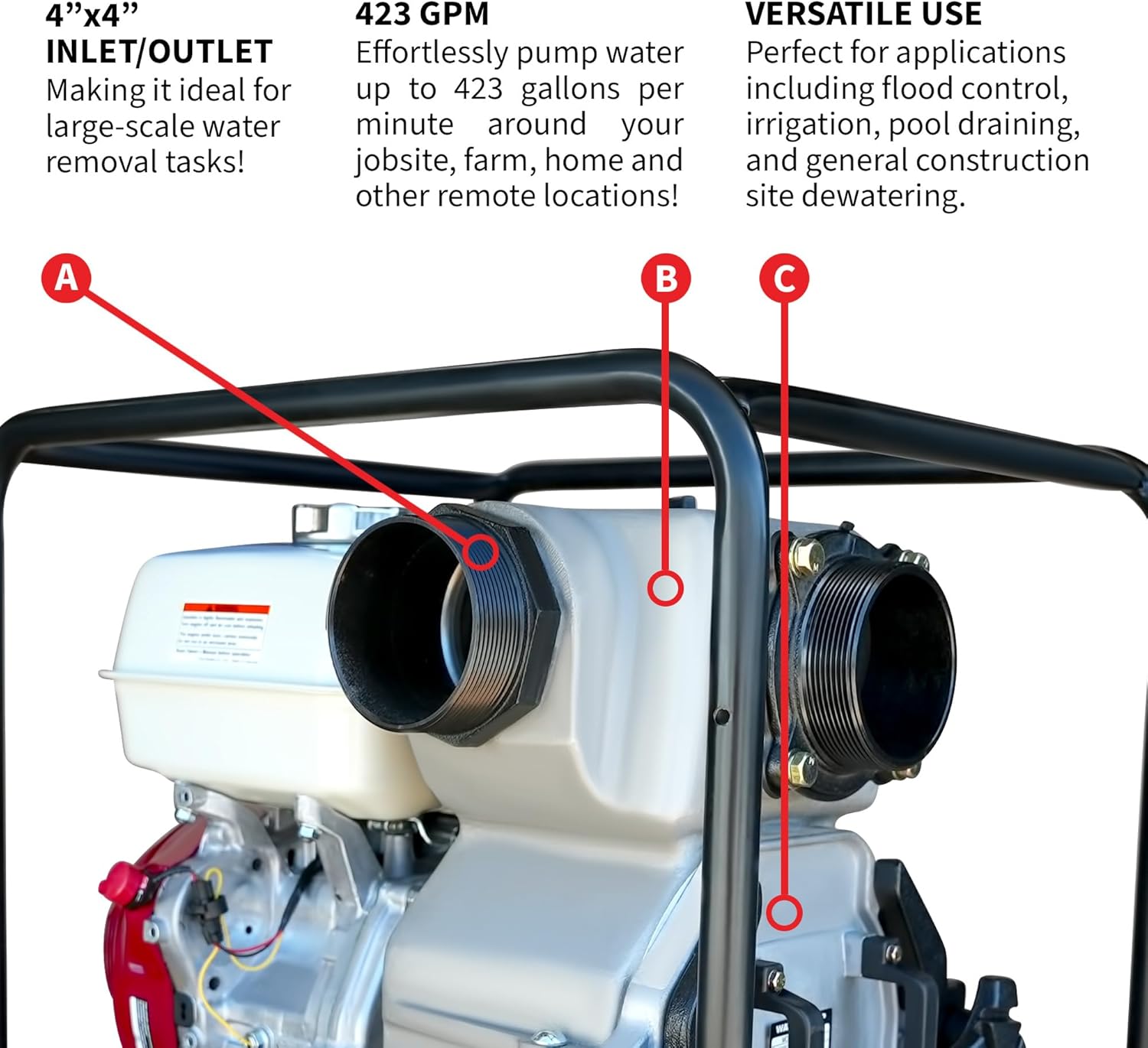 Tomahawk Power 8 HP 3" Industrial Duty Full Trash Water Pump Powered by Honda Portable Utility, Red