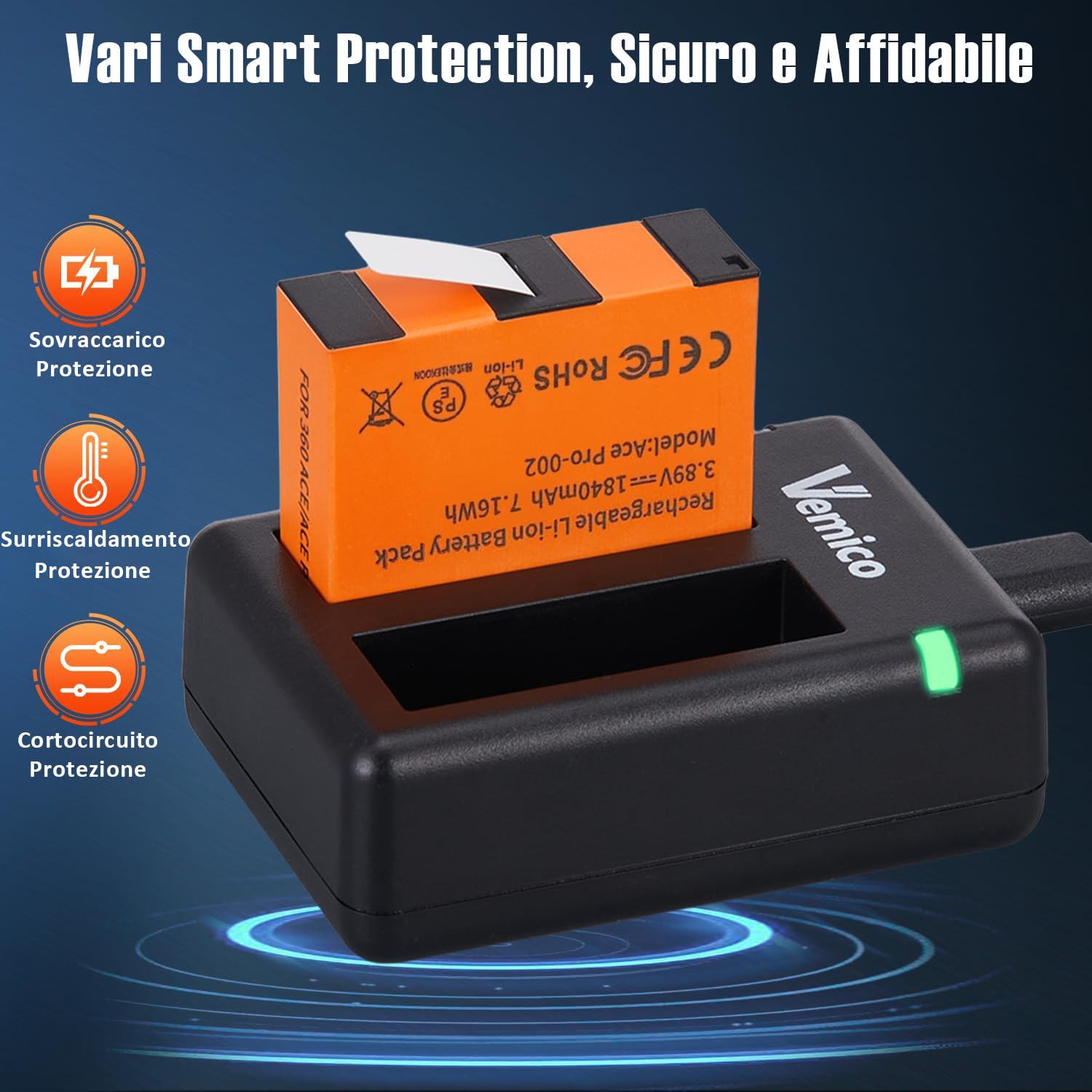 Vemico 360 Ace Pro 2 batterie di ricambio 2 x 1840 mAh Dual Tipo-C Canale caricatore LED con interfaccia di ricarica micro USB per fotocamera / 360 Ace Pro 2/360 Ace / 360 Ace Pro