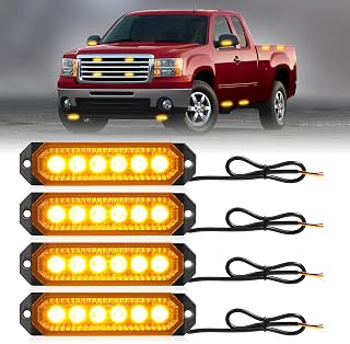 HLauto 406T Emergency Strobe Grille Lights: 4Pcs 6 LED Sync Feature Safety Warning Flashing Light, 12V-24V Ultra Slim Surface Mount Hazard Caution Light for Truck, Vehicle, Car, ATV, UTV (Amber)