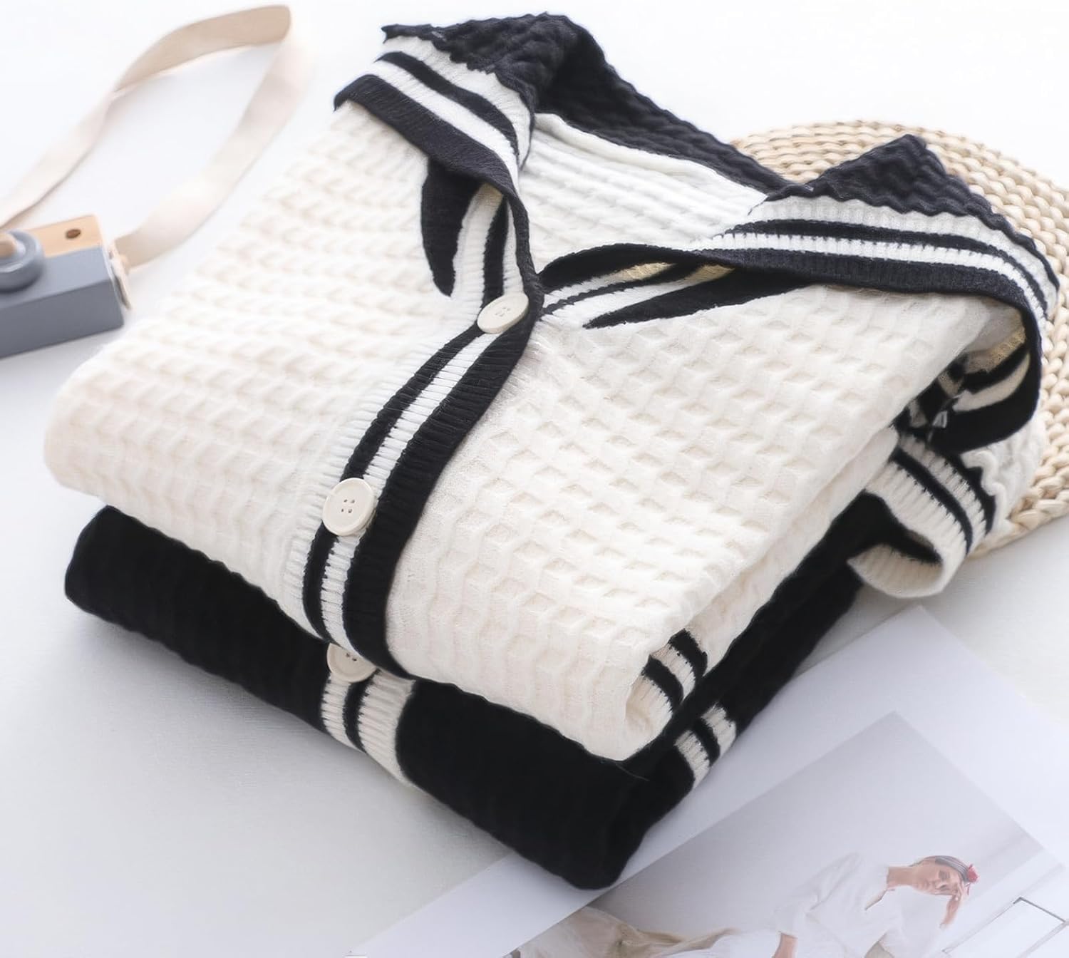 ebossy Womens Kawaii Cute Striped Cardigan Sailor Collar Long Sleeve Knit Sweater Coat JK School Uniform