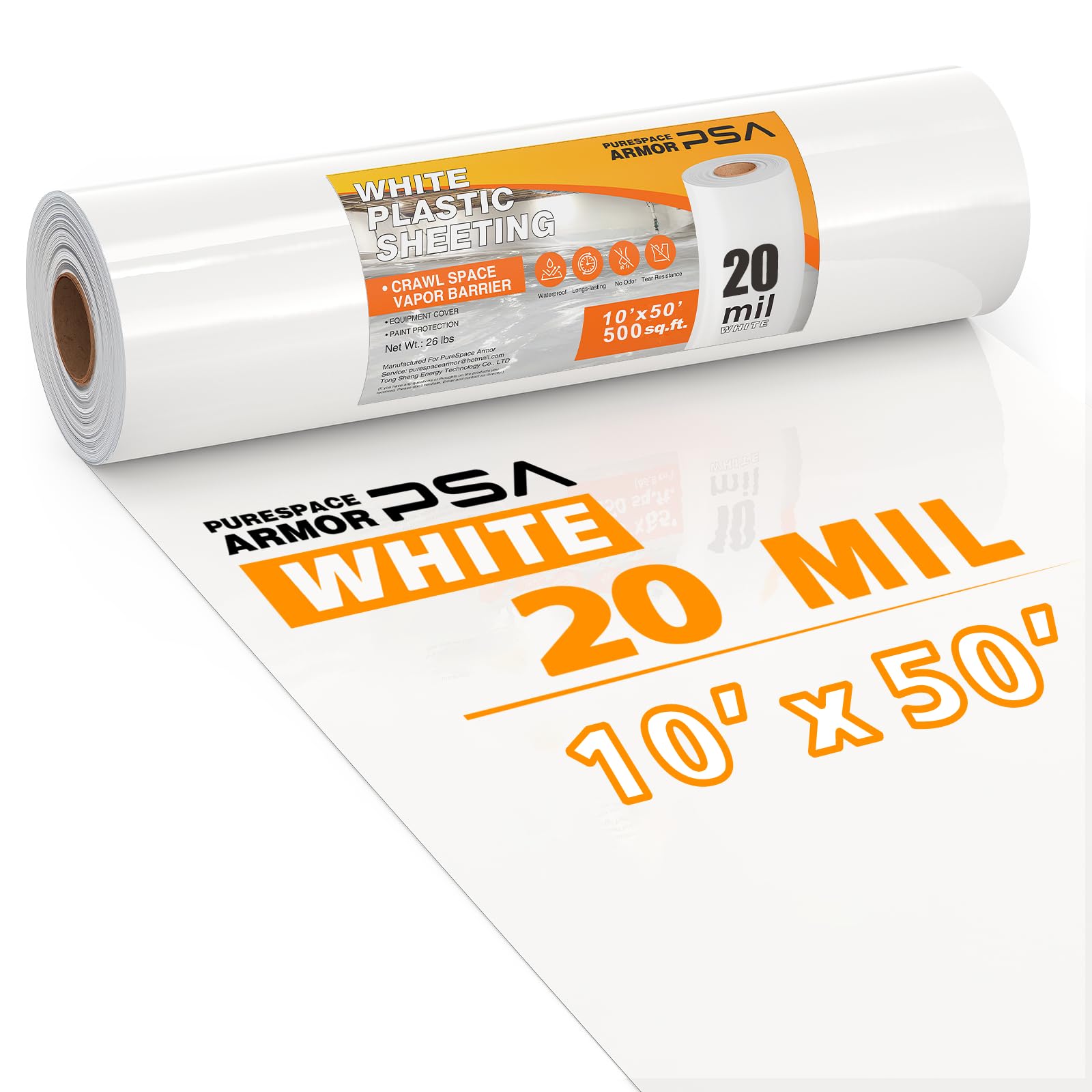 Photo 1 of Crawl Space Vapor Barrier, 20 Mil Vapor Barrier, 10'x50', White Plastic Sheeting - Thick Plastic Sheeting, Heavy Duty Polyethylene Film, Drop Cloth Vapor Barrier Covering for Crawl Space, Basement