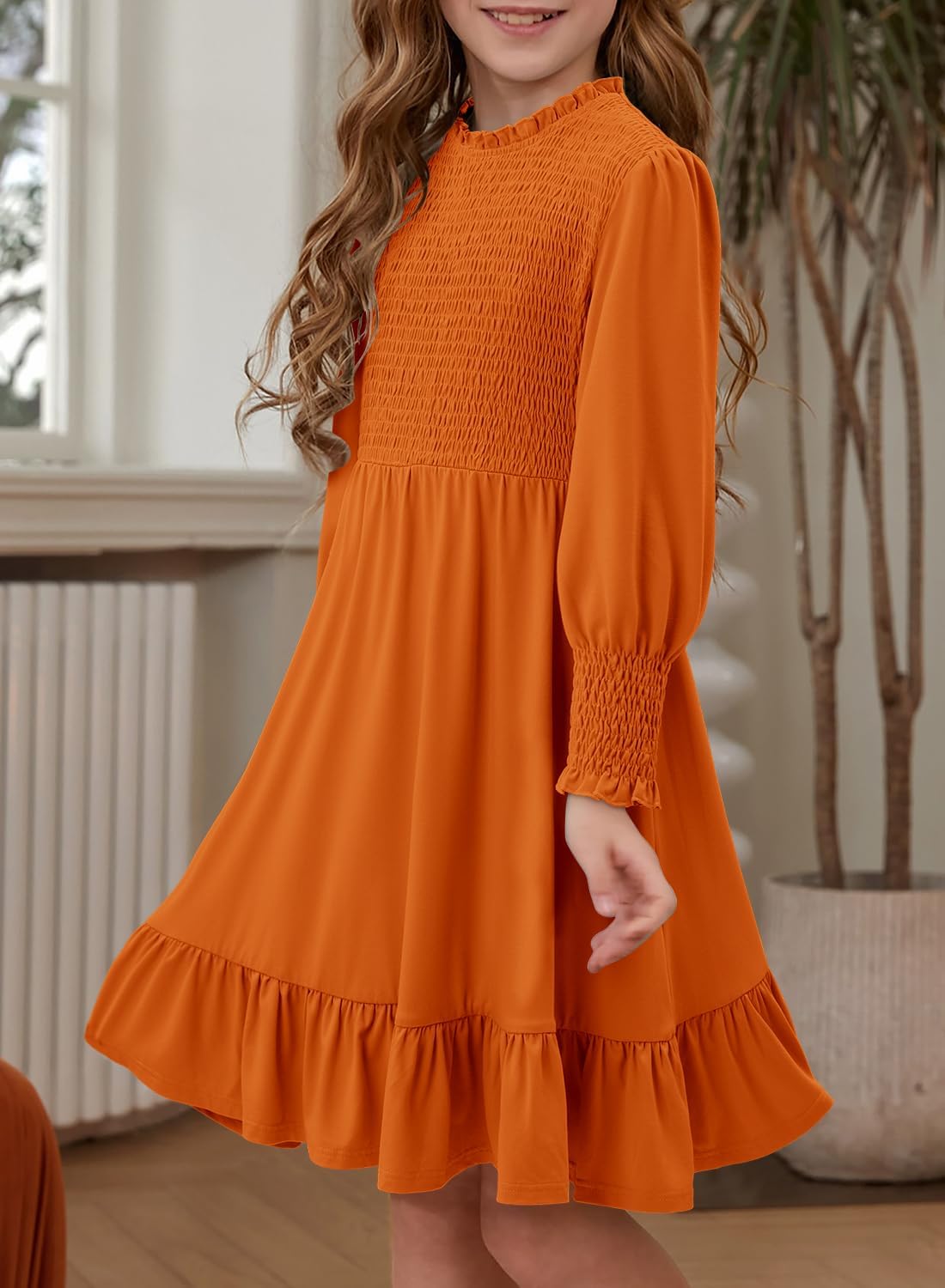 Yoklass Girls Smocked Dress Casual Puff Long Sleeve Ruffle Neck Dresses 4-13 Years - Image 3
