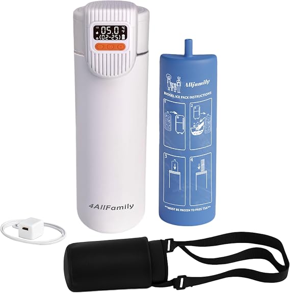 4AllFamily Nomad Big PRO Insulin Cooler Travel Case 52H Medication Cooler For Travel With Digital Temperature Display Insulin Pen Cold Case With Medicine Bag & Reusable Big Blue Thermo - White