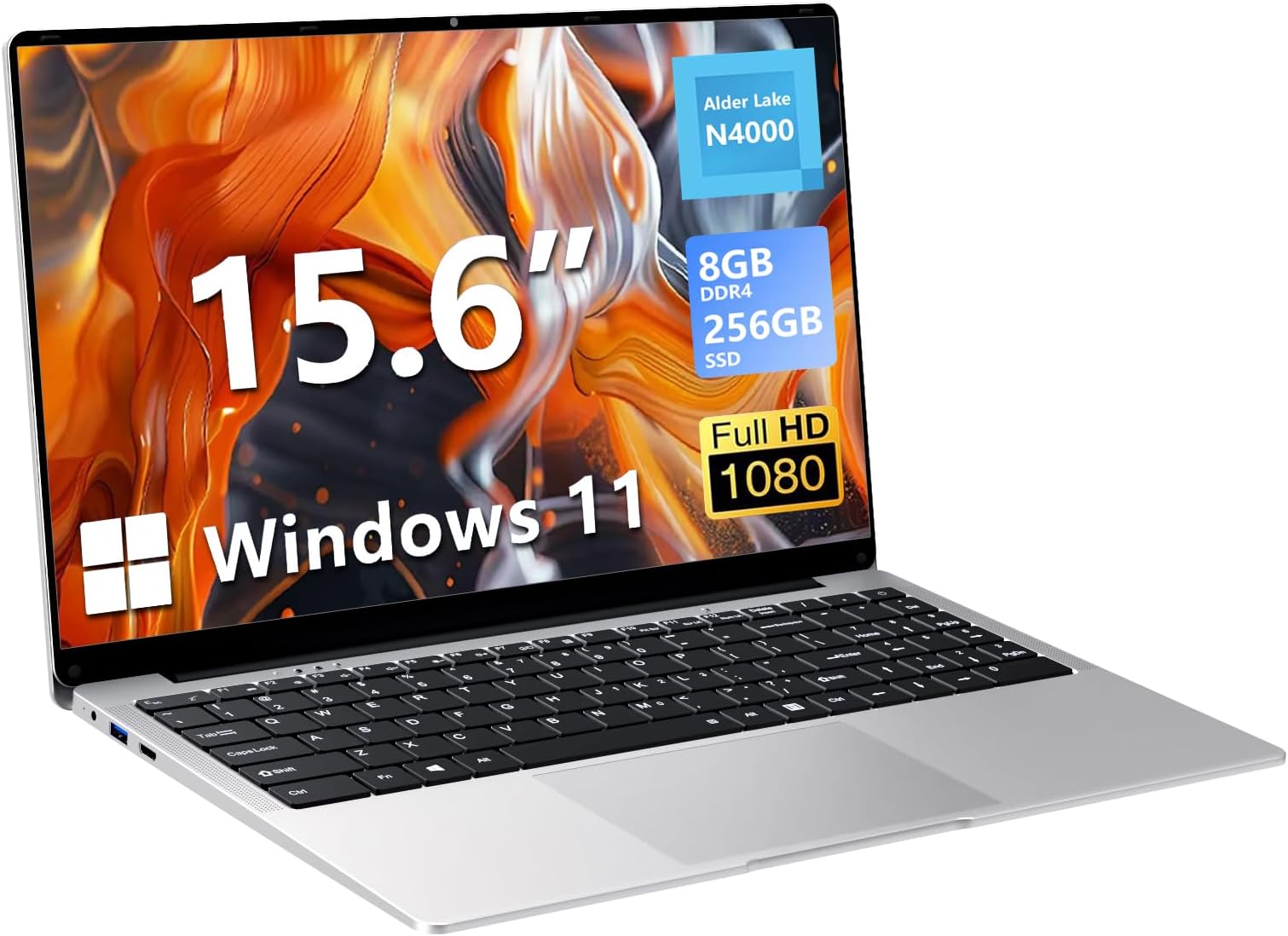 Ordinateur Portable 15,6 Pouces Celeron N4000 - 8Go RAM, 256Go SSD, écran FHD IPS, WiFi5