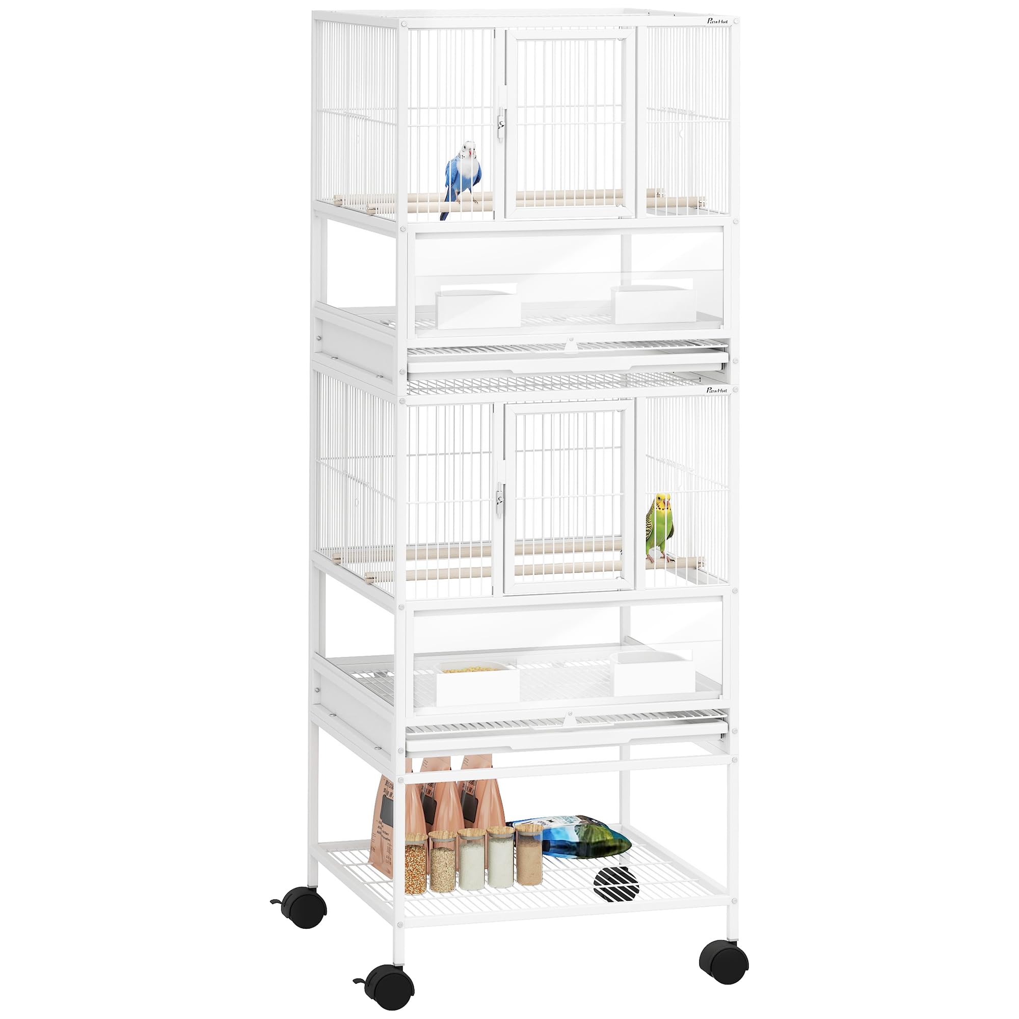 Pawhut Jaula para Pájaros Jaula Grande de 2 Niveles con Ruedas Paneles Acrílicos Comederos Perchas Estante Bandejas Extraíbles Pajarera para Loros Canarios 48x46x134,5 cm Blanco