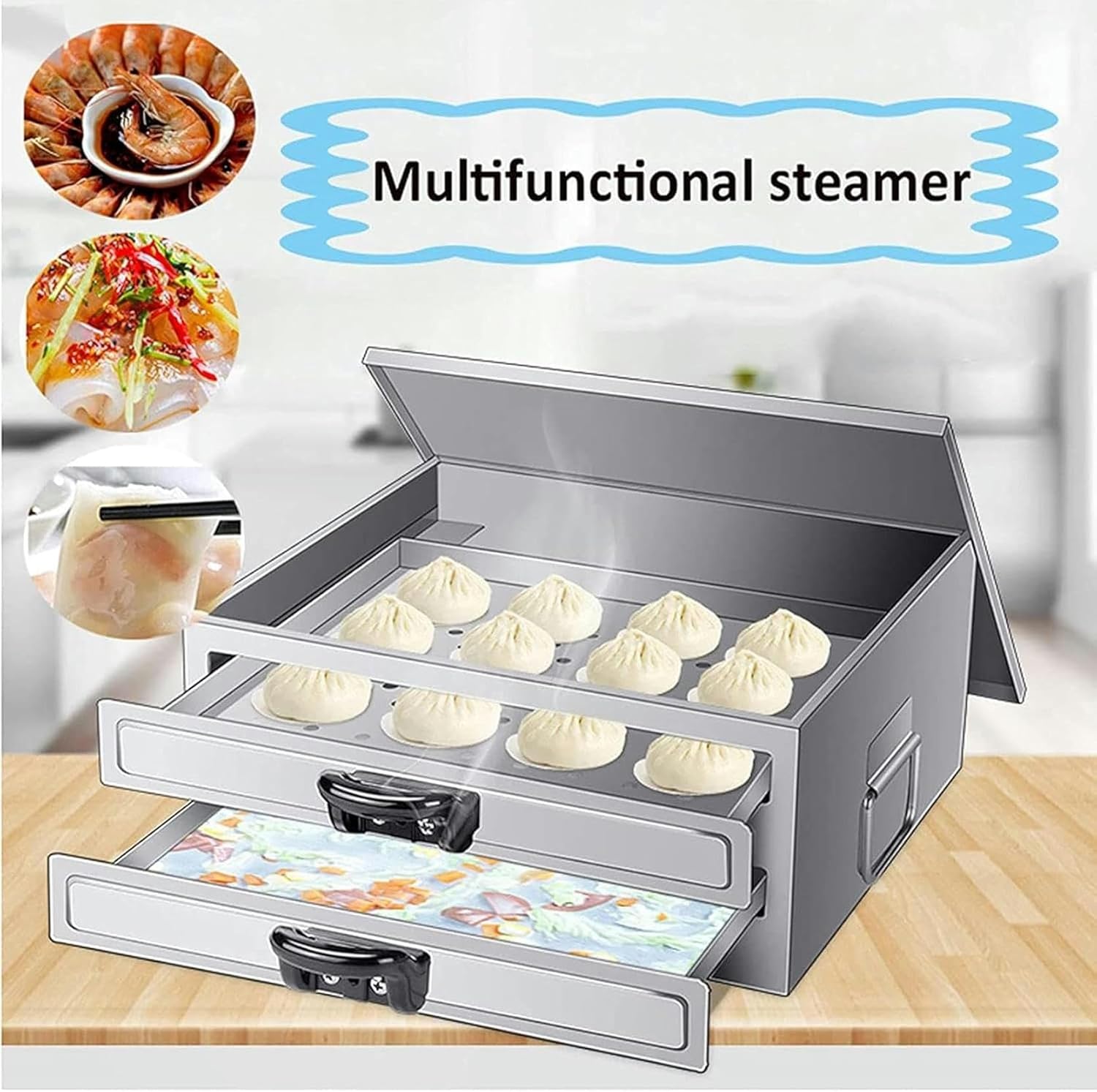 Steam Rice Noodle Roll Machine, Stainless Steel Steamer 2 Tier with Anti Scalding Handle, Food Steamer for Potatoes, Corns and Seafood, Removable Lid~/