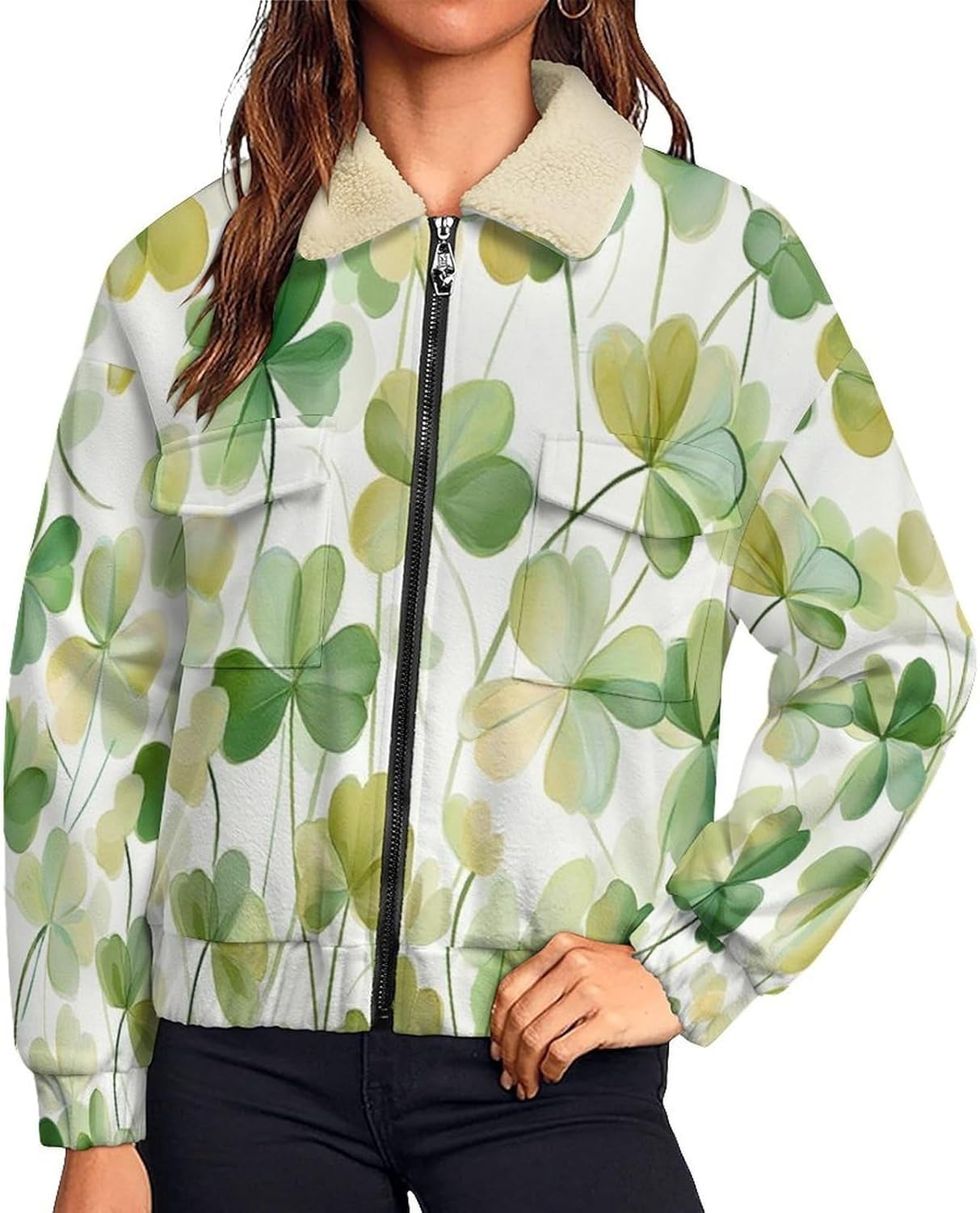 Women Winter Sherpa Lined Fleece Jacket, Long Sleeve Zip Up Clover Cropped Coats Warm Soft Polar Outwear