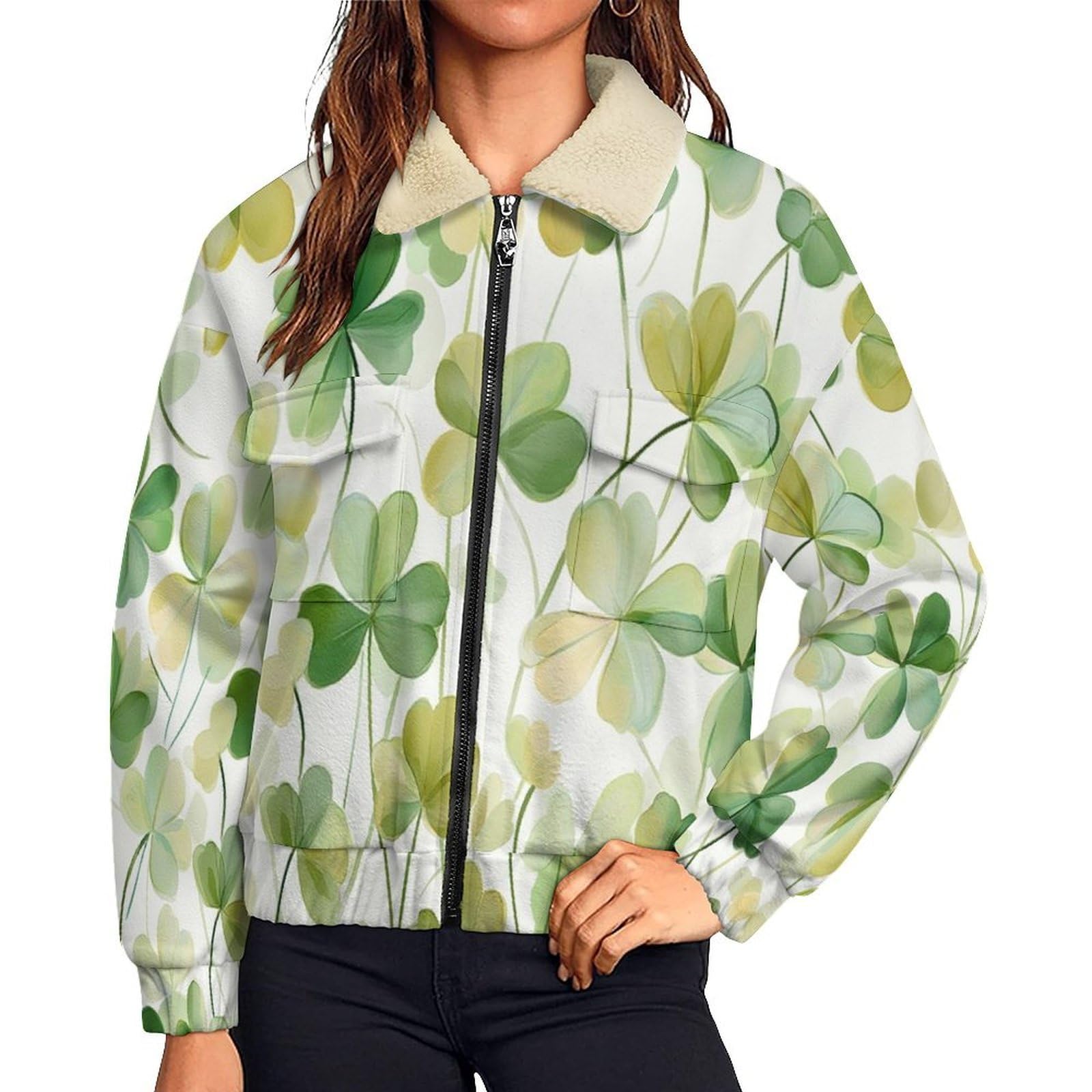 Giacca da Donna Pile con Zip, Giacche Giacca Trifoglio Teddy Versione, Loose del pianta Cappotto a Maniche Lunghe Autunno e Inverno Caldo Cappotto