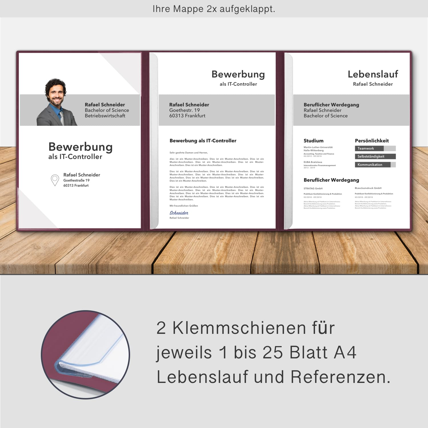5 Stück 3-teilige Bewerbungsmappen BL-exclusivdruck® OPTIMA-plus in Granatrot - Premium-Qualität mit edler Relief-Prägung 'Bewerbung' - Produkt-Design von 'Mario Lemani'