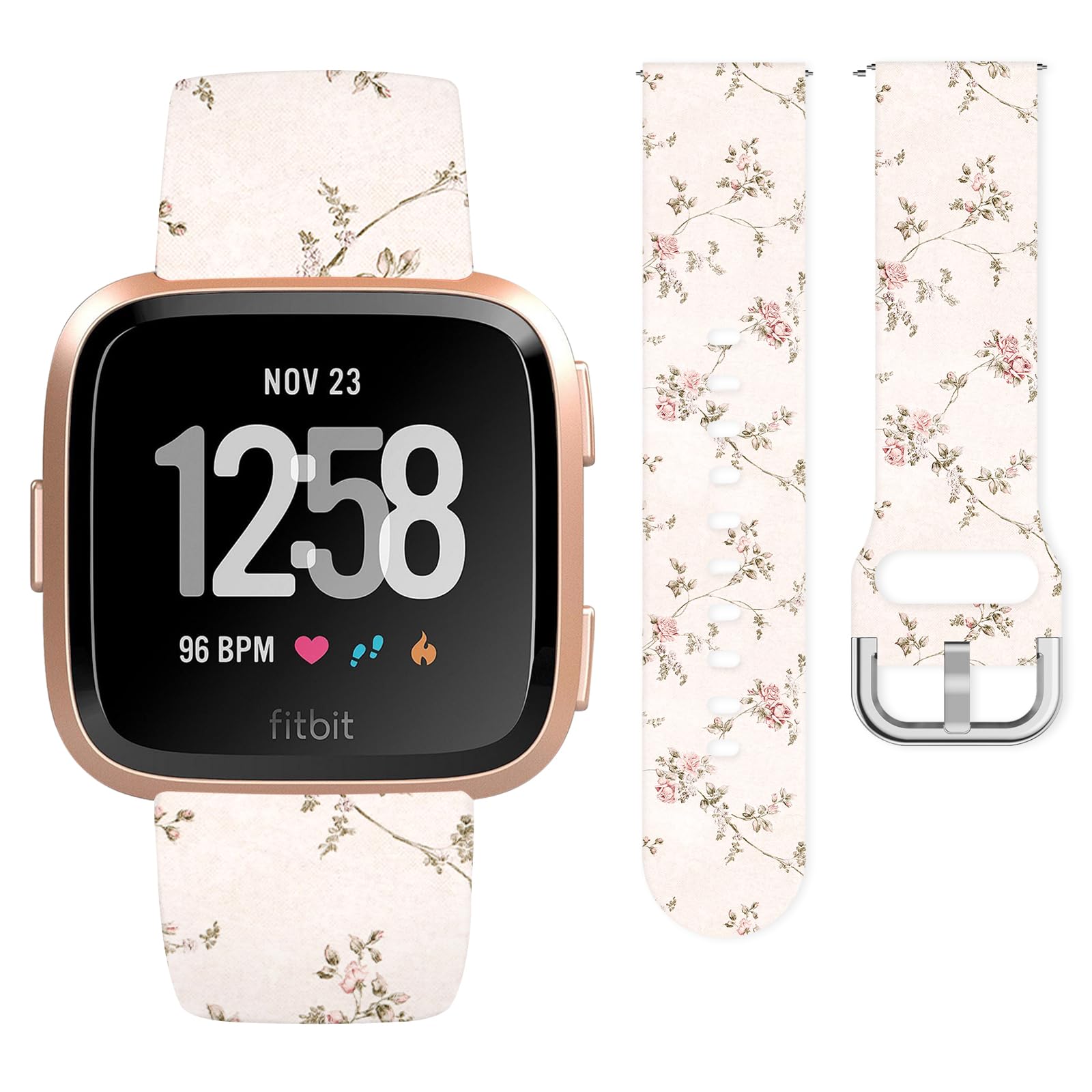 Vozehui Apricot Floral Silicone Straps for Fitbit Versa/Versa 2/Versa Lite, Elegant Soft Unique Printing Technology, Waterproof Durable Adjustable Easy Install Replacement Band for Women Men