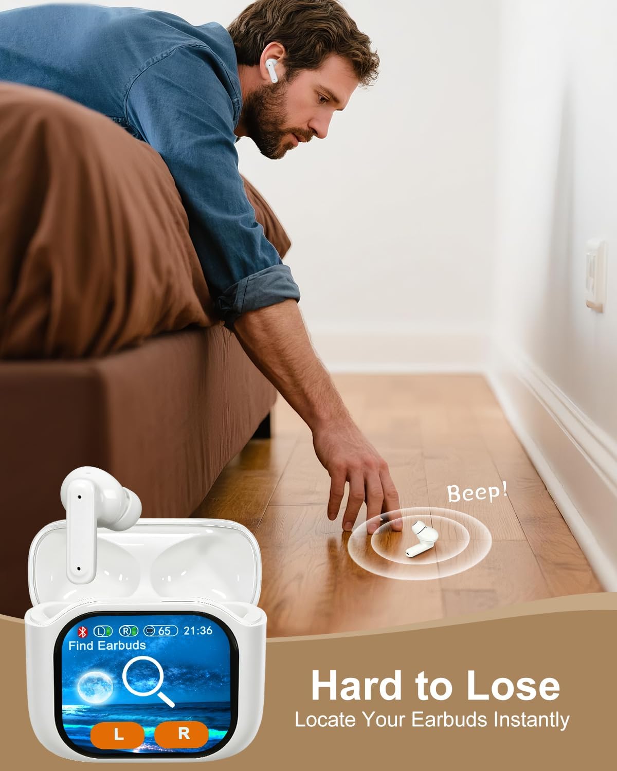 Smart Earphones with Touchscreen, Touch Screen Earbuds, Wireless Headphones Bluetooth 5.4, Touch Buds with LED Screen, ANC/ENC Noise Cancelling, 48H Playtime, for Work, Sport (White) - Image 3