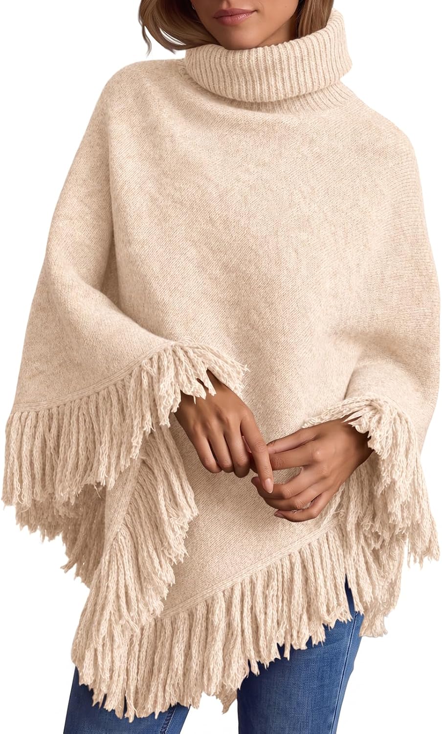 Saodimallsu Womens Fringe Turtleneck Poncho Sweater Wraps Cape Shawl Tops