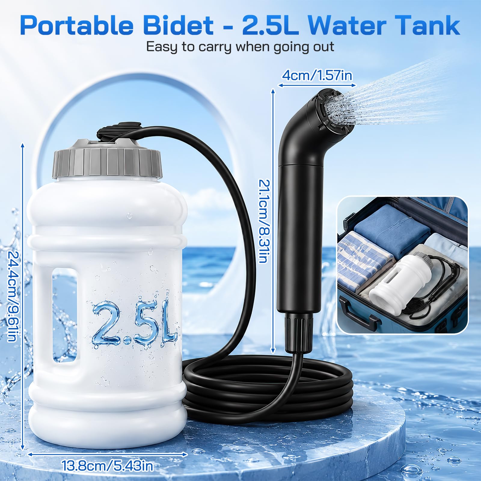 Bidet Elettrico Portatile, 2,5 L Flacone Lgiene Perineale Viaggi e Campeggio 3 Modalità Flusso Indicatore Batteria Dispositivo Lavaggio Perineale Manuale Ricaricabile per Lgiene Intima Cura Post-parto
