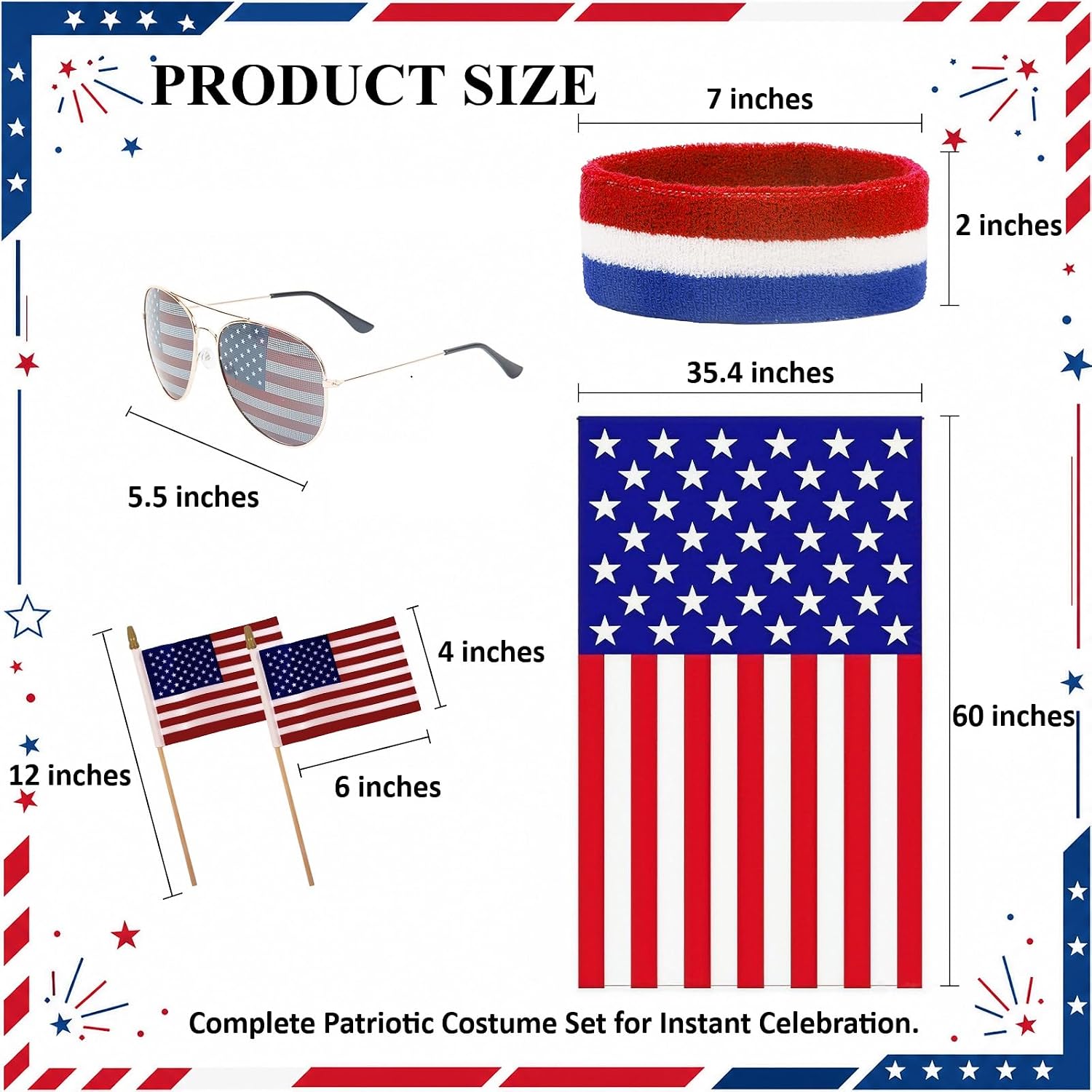 AKTVSHOW American Flag Costume Cape 4th of July Outfits for Men Women: Patriotic Costume Accessory Sets for Independence Day, USA Sunglasses, Red White Blue Headband & Stickers for 250th Anniversary