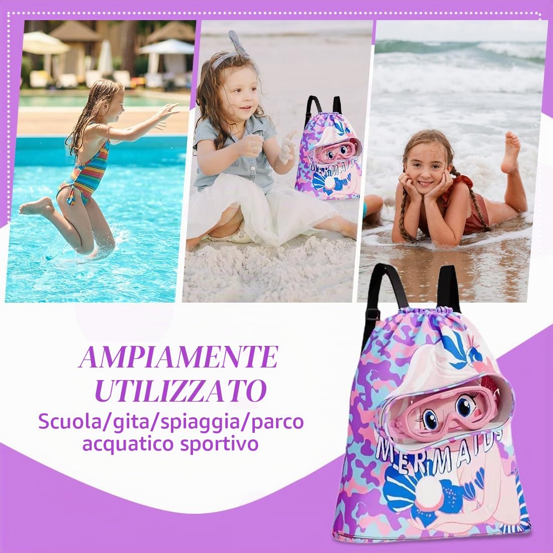 Zaino con Coulisse per Sirena - Sacca Piscina Bambino - Borsone Piscina Bambina - Borsa da Palestra Sportiva per Ragazze e Bambini Borsa per la Spesa da Spiaggia Impermeabile