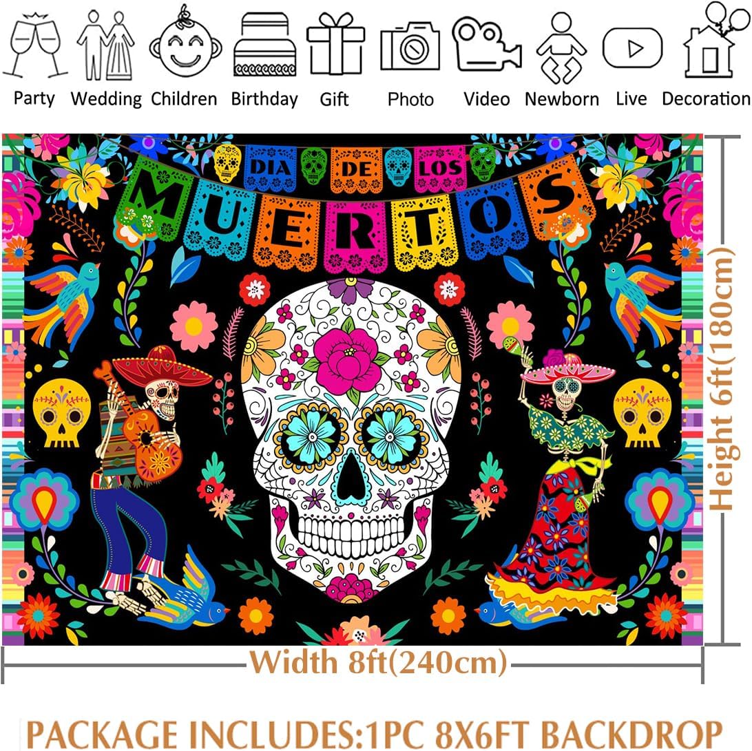 Avezano Day of The Dead Backdrop 8x6ft Mexican Sugar Skull Flowers Photography Background Dia DE Los Muertos Dress-up Party Supplies Purple Skull Floral Photo Backgrounds