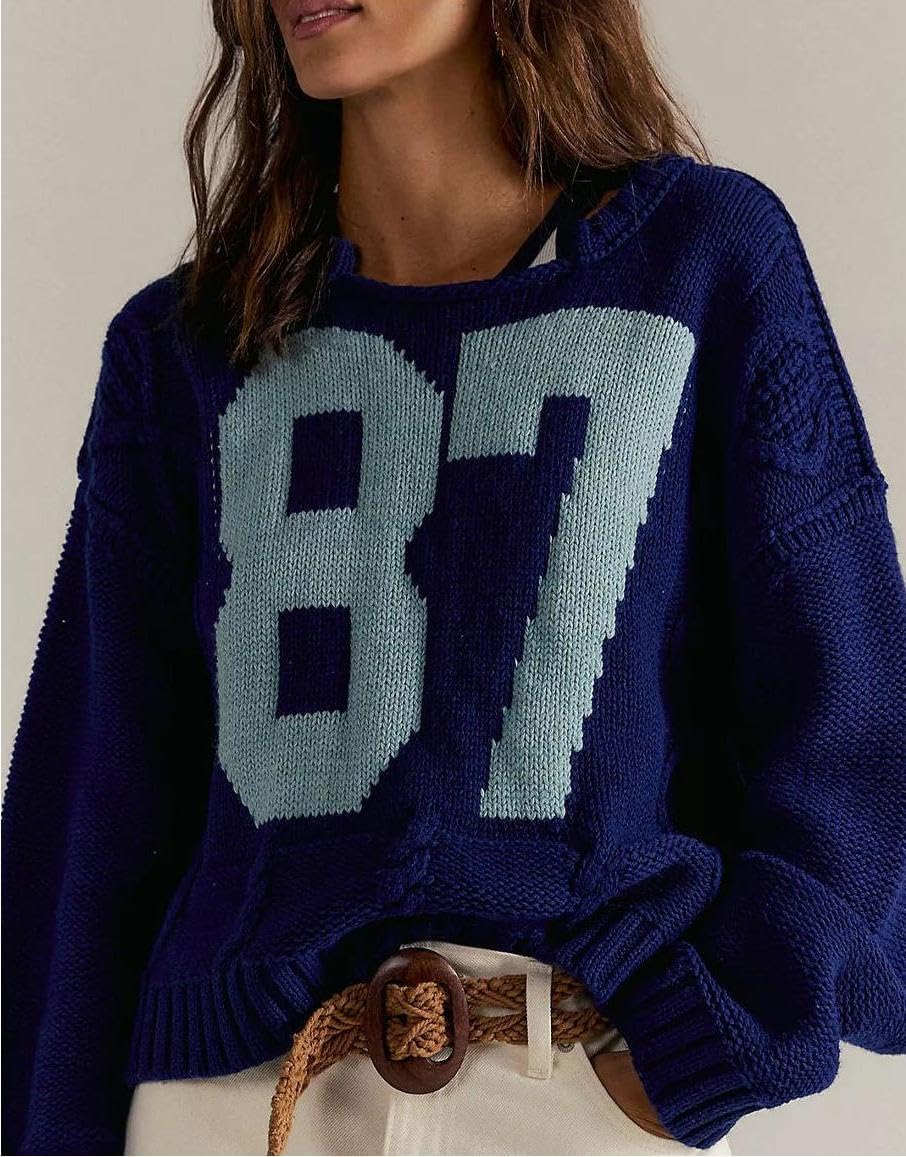 Women Colorblock Number Pullover Sweater Crewneck Long Sleeve Casual Loose Cable Knit Jumper Oversized Fall Top - Image 2