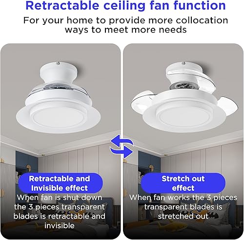 Miniatura 3 de ocioc Ventiladores de techo de 22 pulgadas con luces y control remoto, ventilador de techo retráctil pequeño de montaje empotrado con motor
