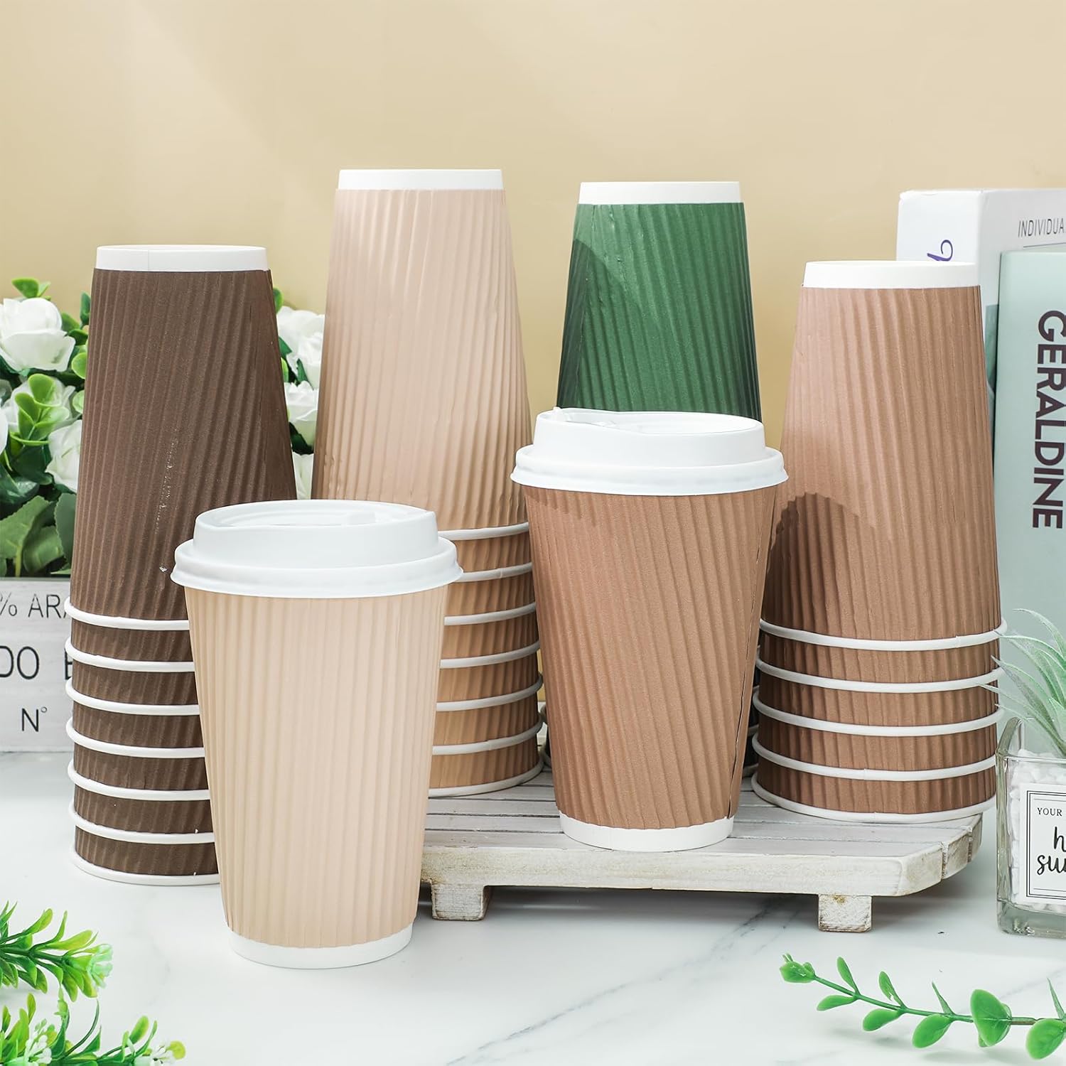 Whaline 100Pcs Woodland Themed Disposable Coffee Cups with Lids 16oz Brown Green Paper Cup Corrugated Ripple Wall Insulated Hot Cup for Home Office Party Supplies