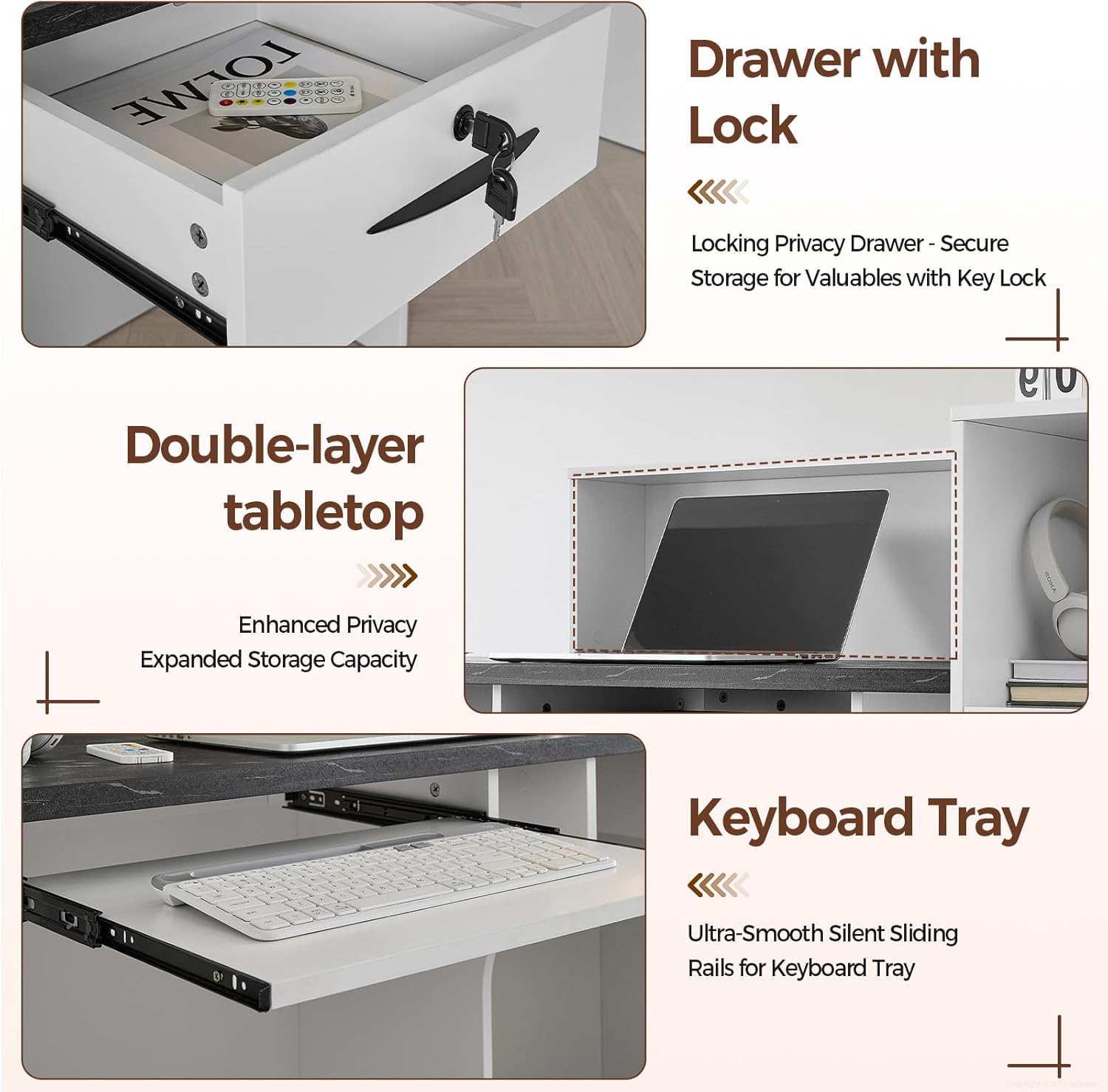 71" Modern L-Shaped Reception Desk with Counter, Lockable Drawer, Keyboard Tray, LED Light & Storage Shelves, Left Layout, Black Grain + White Grain