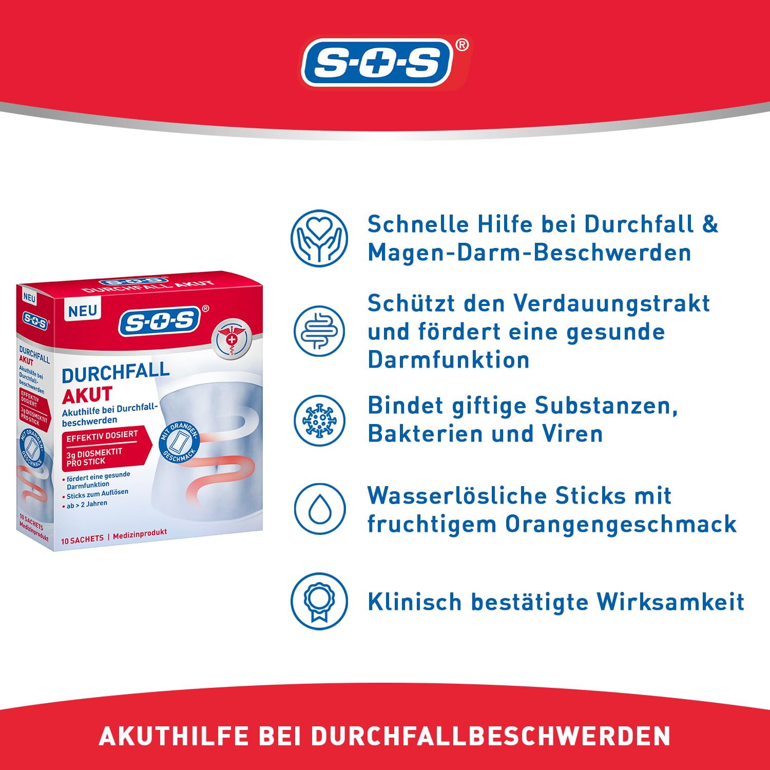 SOS Durchfall AKUT (6x 10 Sachets) – 3 g Diosmektit pro Stick – Bei akutem Durchfall & Magen-Darm-Beschwerden – Ab 2 Jahren – Orangen-Geschmack – 10 Sachets zur Auflösung in Wasser