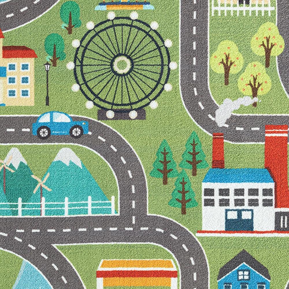 CARPETIA Kinderteppich Rund Stadtlandschaft Straßen Grün Ø 200 cm | Rutschfest, strapazierfähig, hautsympathisch und schadstofffrei, OEKO-TEX geprüft, für Fußbodenheizung & Kinderzimmer