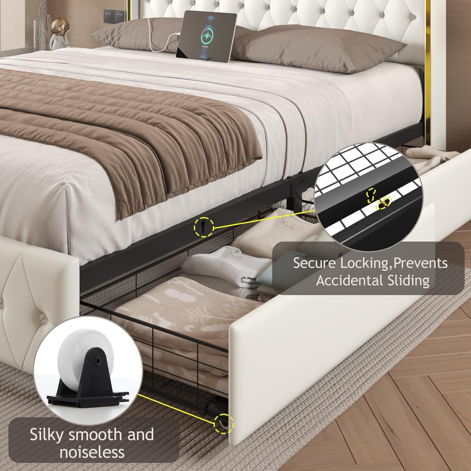 Full Size Bed Frame with Wingback Headboard, Upholstered Platform Bed with RGB LED Lights, Charging Station, 4 Storage Drawers & Metal Slat Support, No Box Spring Needed, White
