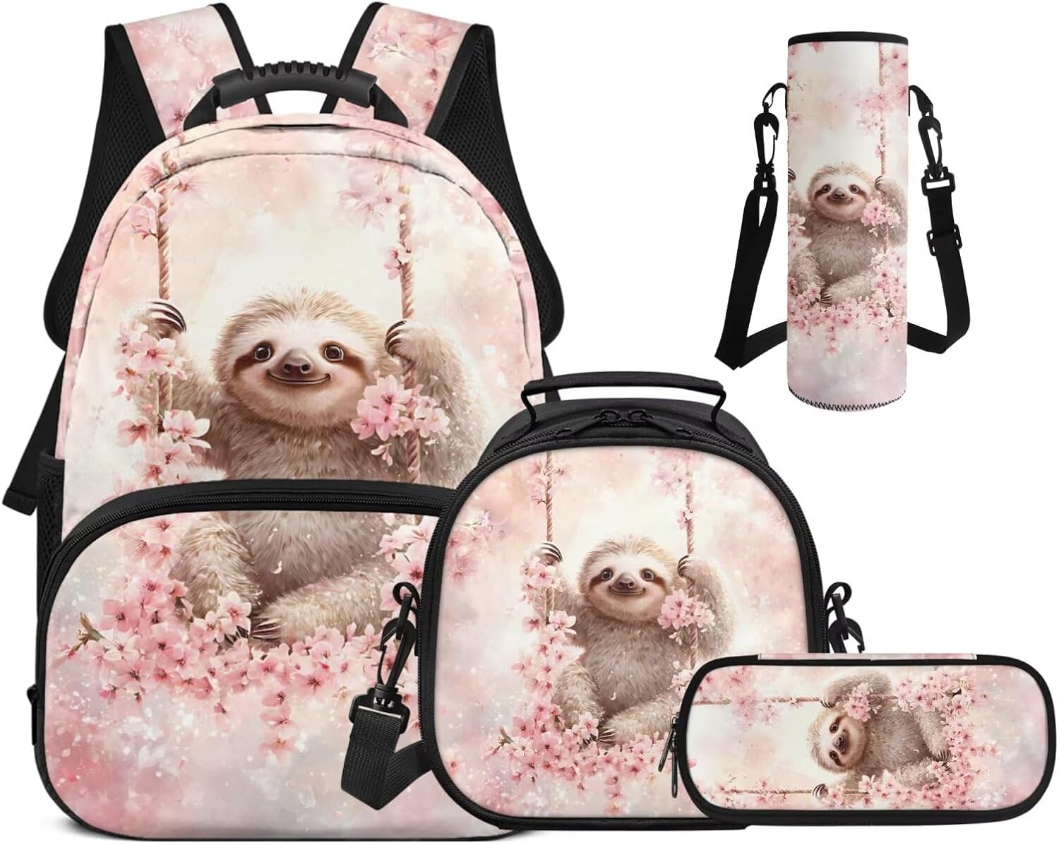 WELLFLYHOM 17 Inch Cute Sloth School Backpack for Kids Girls, 4PCS Set Elementary Cherry Blossom Bookbag with Lunch Box for 6-11 Years, Back to School Supplies