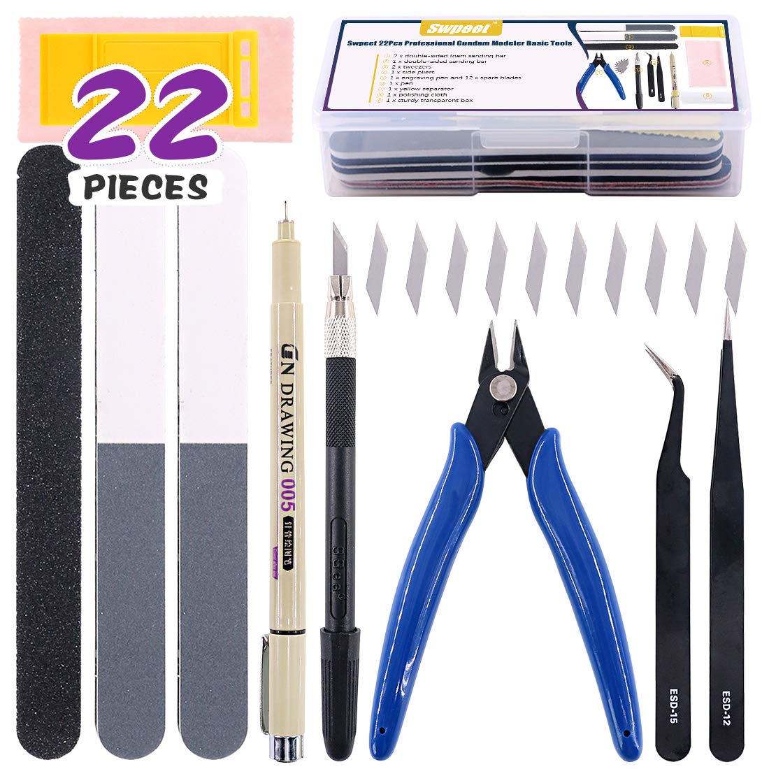 Swpeet 22Pcs Compatible for Gundam Modeler Basic Tools with Duty Plastic Container, Professional Kit Replacement for Gundam Model Tools Kit Building Beginner Hobby Model Assemble Building