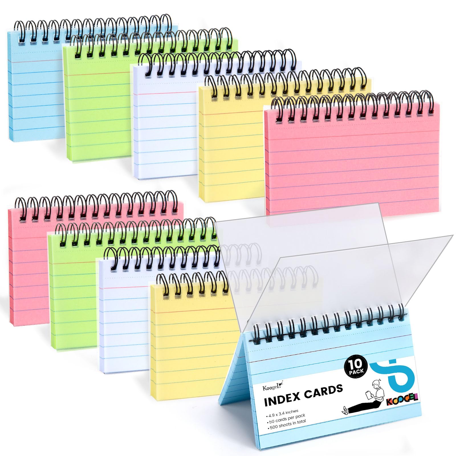 Koogel 500PCS Index Cards 3x5, Colored Ruled Index Cards with Rings for Back to School, Flashcards Heavy Notecards with Waterproof Covers for Studying School College To Do List Supplies, 5 Colors