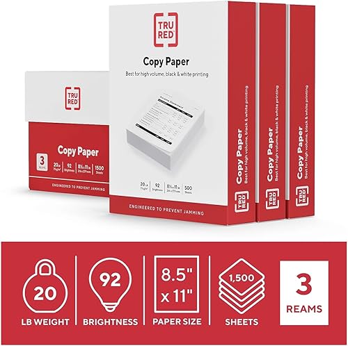 Vista 2 de Staples TRU RED Papel de copia, 8.5" x 11", brillo 92, papel de impresora de acabado liso, 20 libras, 500 hojas/resma, 3 resmas/cartón, blanco